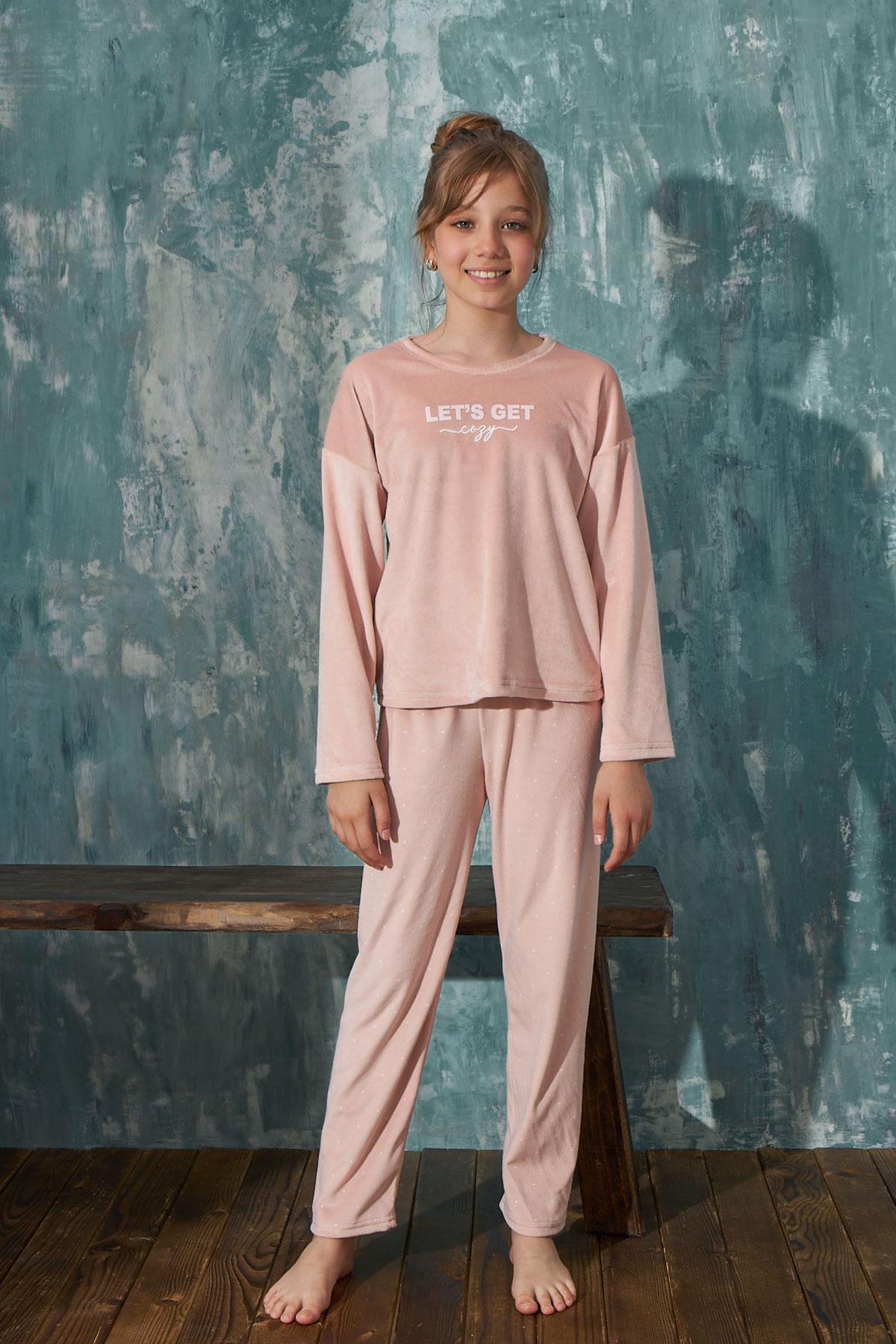 Kız Çocuk Kadife Bisiklet Yaka Altı Uzun Pijama Takım | Arcan 13352-27