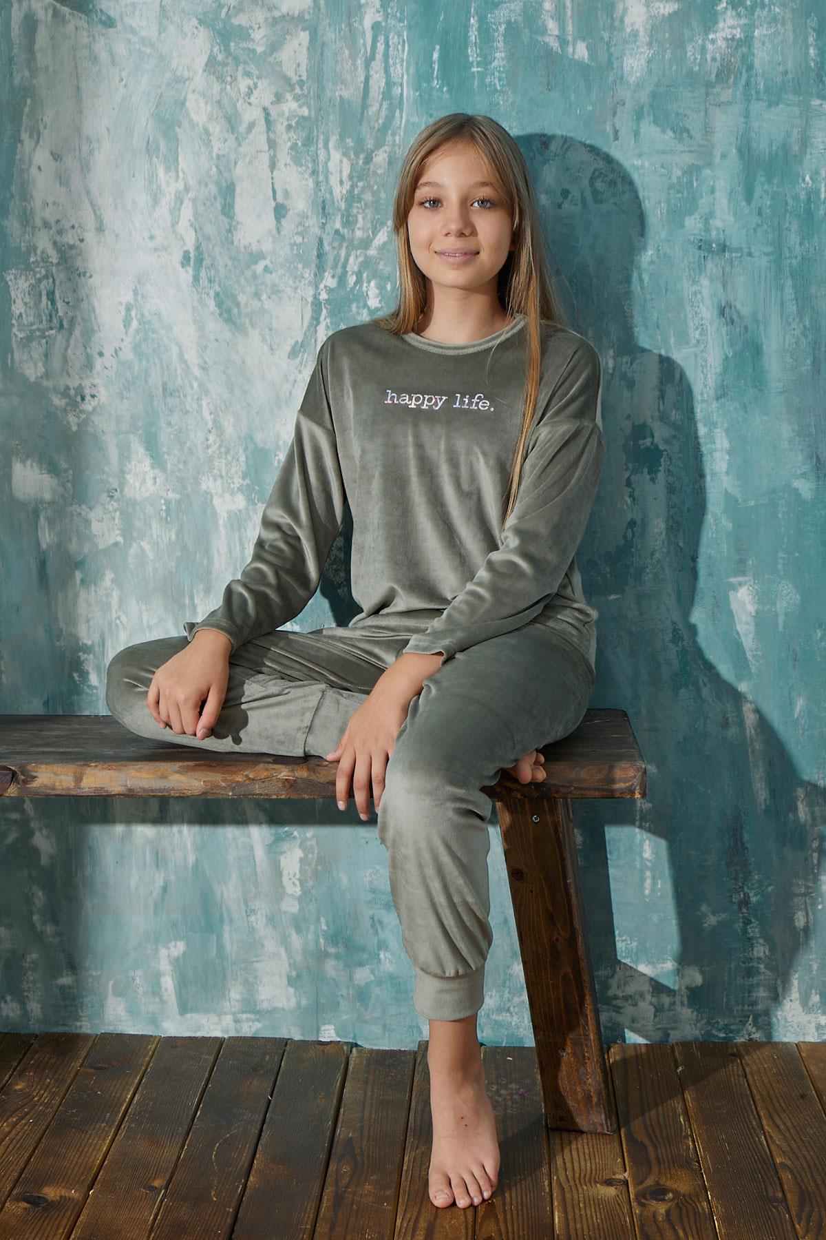 Kız Çocuk Kadife Bisiklet Yaka Altı Uzun Pijama Takım | Arcan AW23 13902-11
