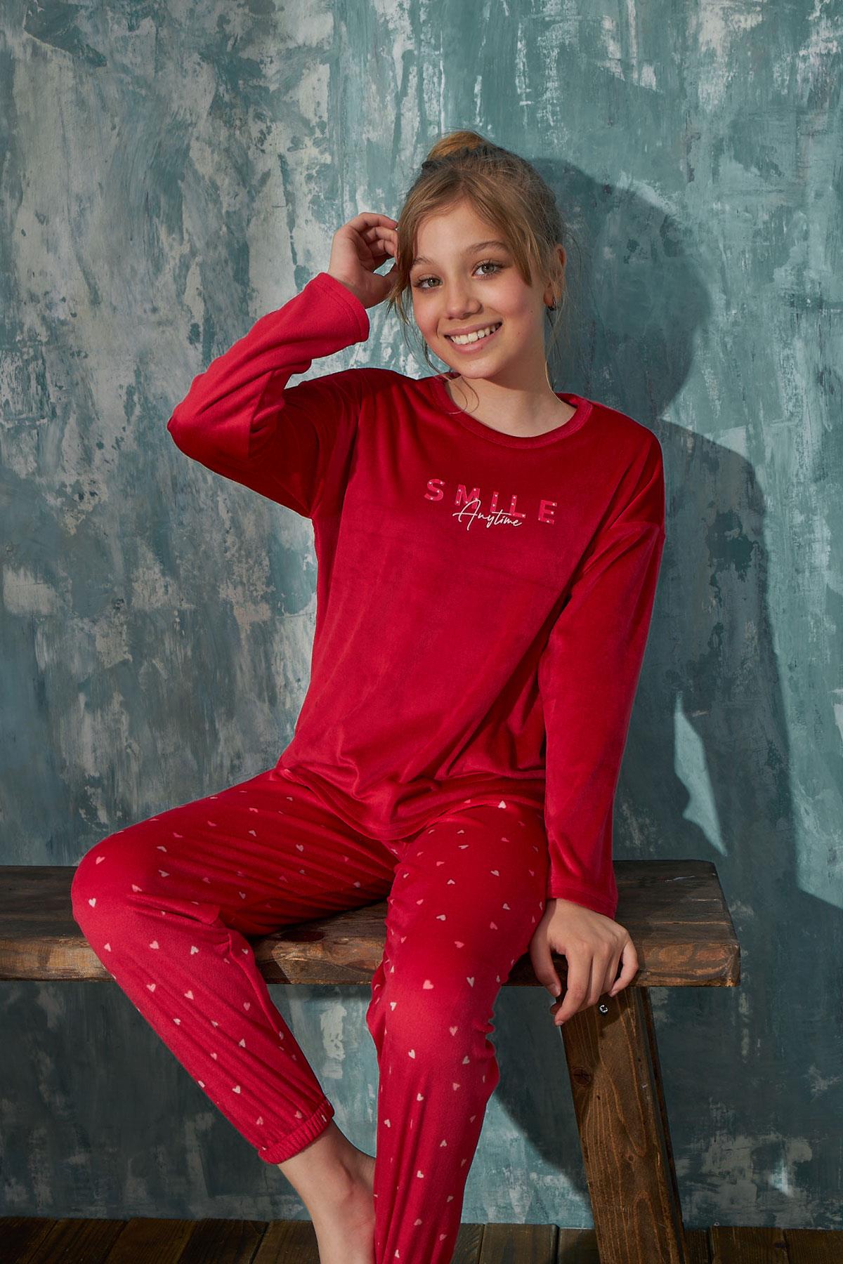 Kız Çocuk Kadife Bisiklet Yaka Altı Uzun Pijama Takım | Arcan 13351-59