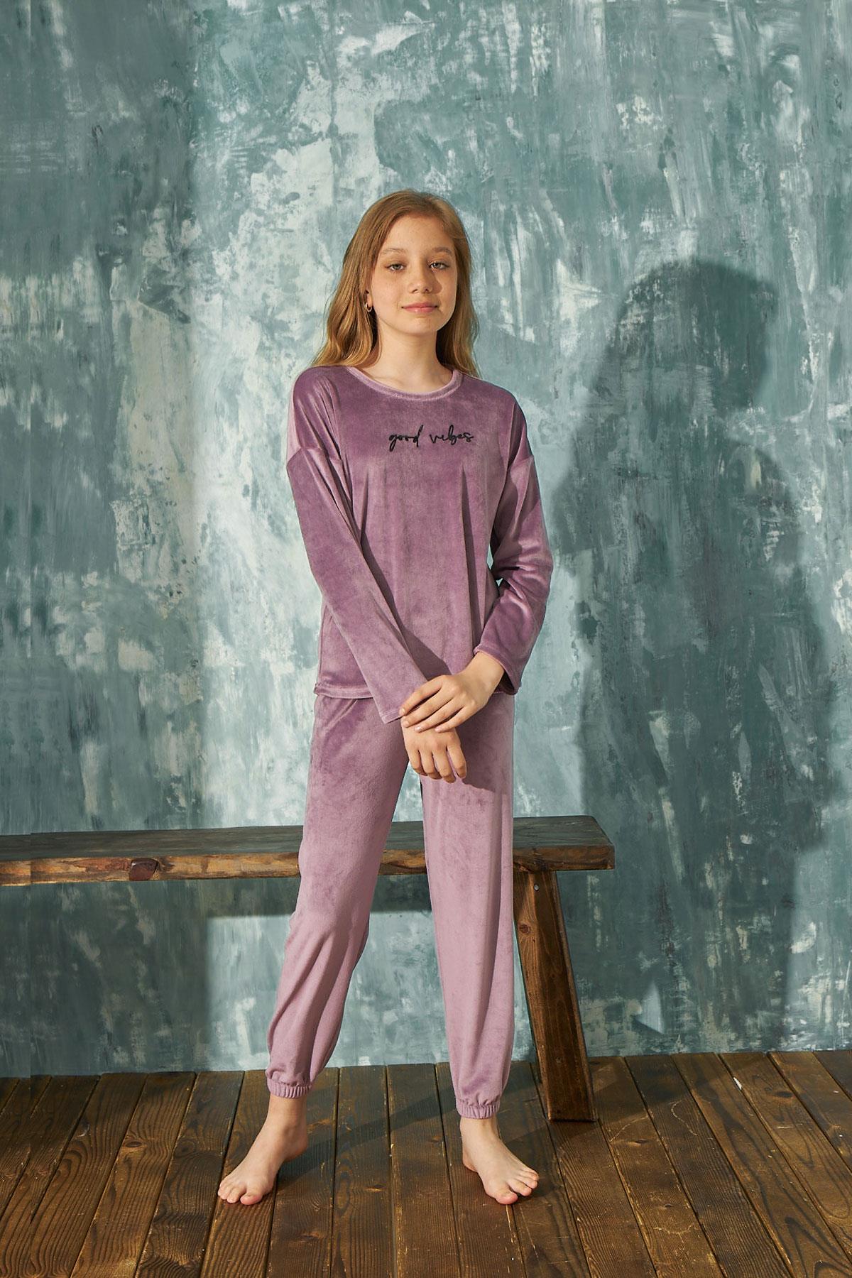 Kız Çocuk Kadife Bisiklet Yaka Altı Uzun Pijama Takım | Arcan 13901-1