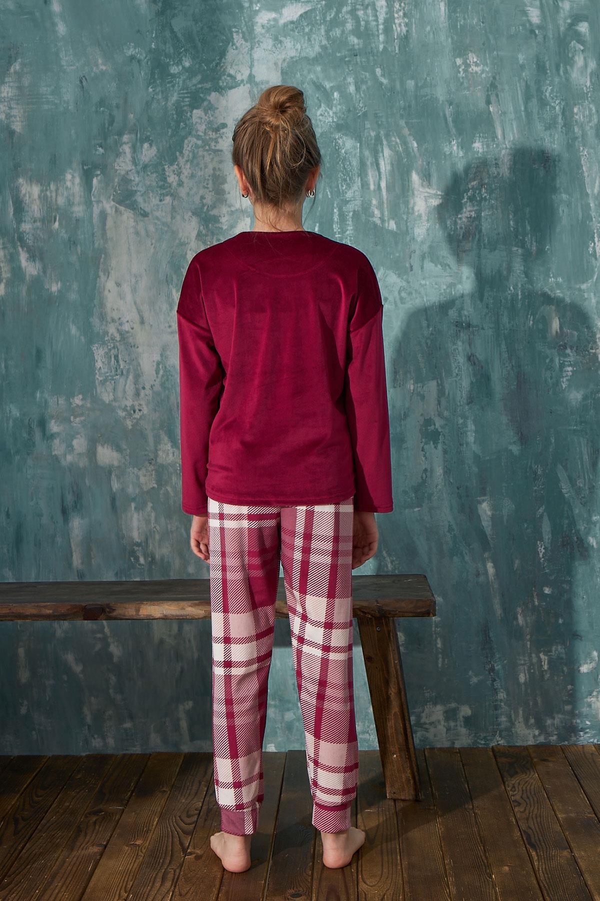 Kız Çocuk Kadife Bisiklet Yaka Altı Uzun Pijama Takım | Arcan 13353-55