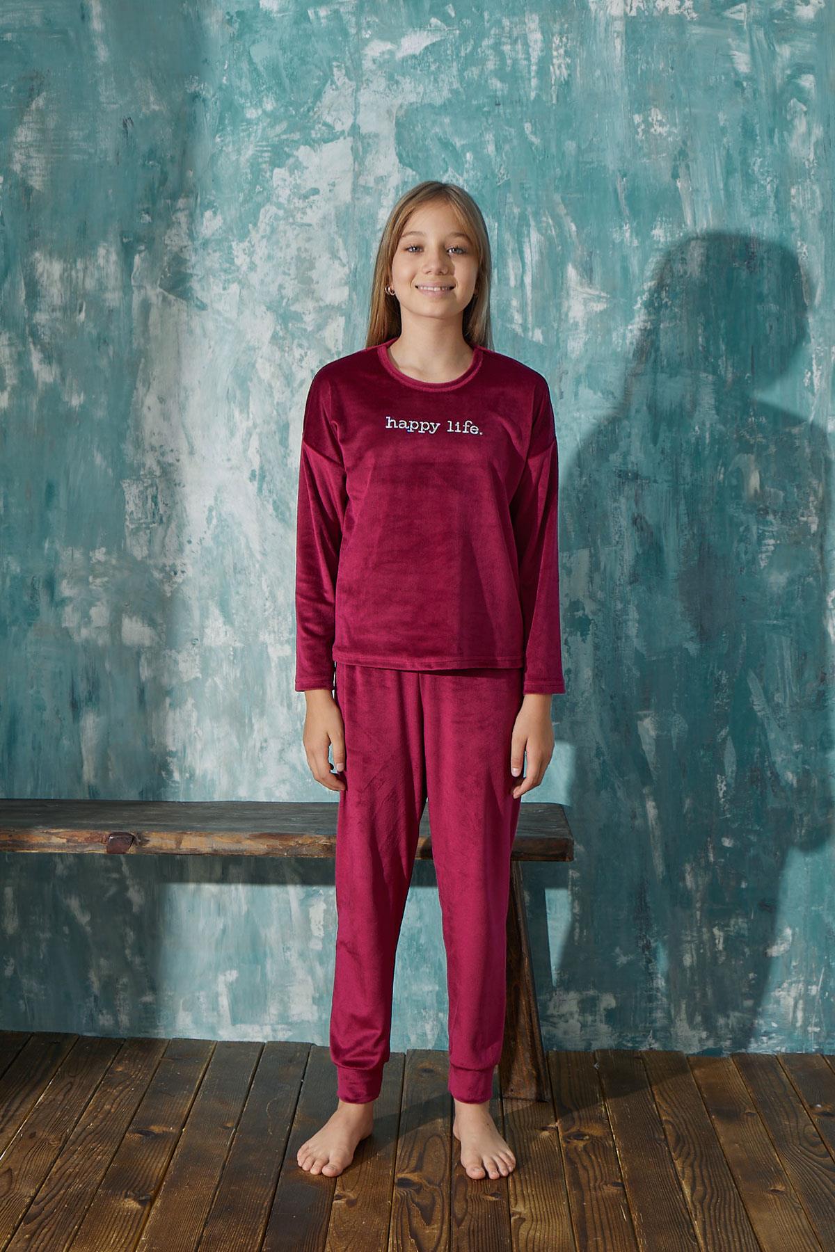 Kız Çocuk Kadife Bisiklet Yaka Altı Uzun Pijama Takım | Arcan 13902-11