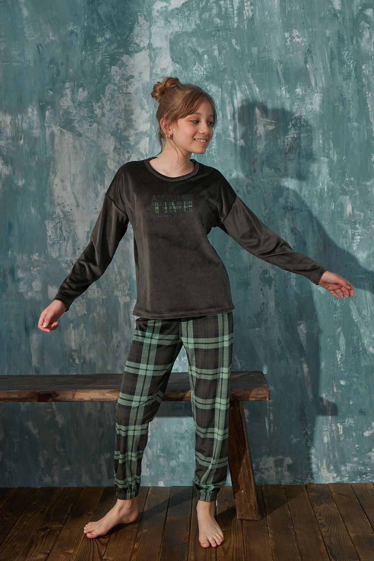 Kız Çocuk Kadife Bisiklet Yaka Altı Uzun Pijama Takım | Arcan 13351-50