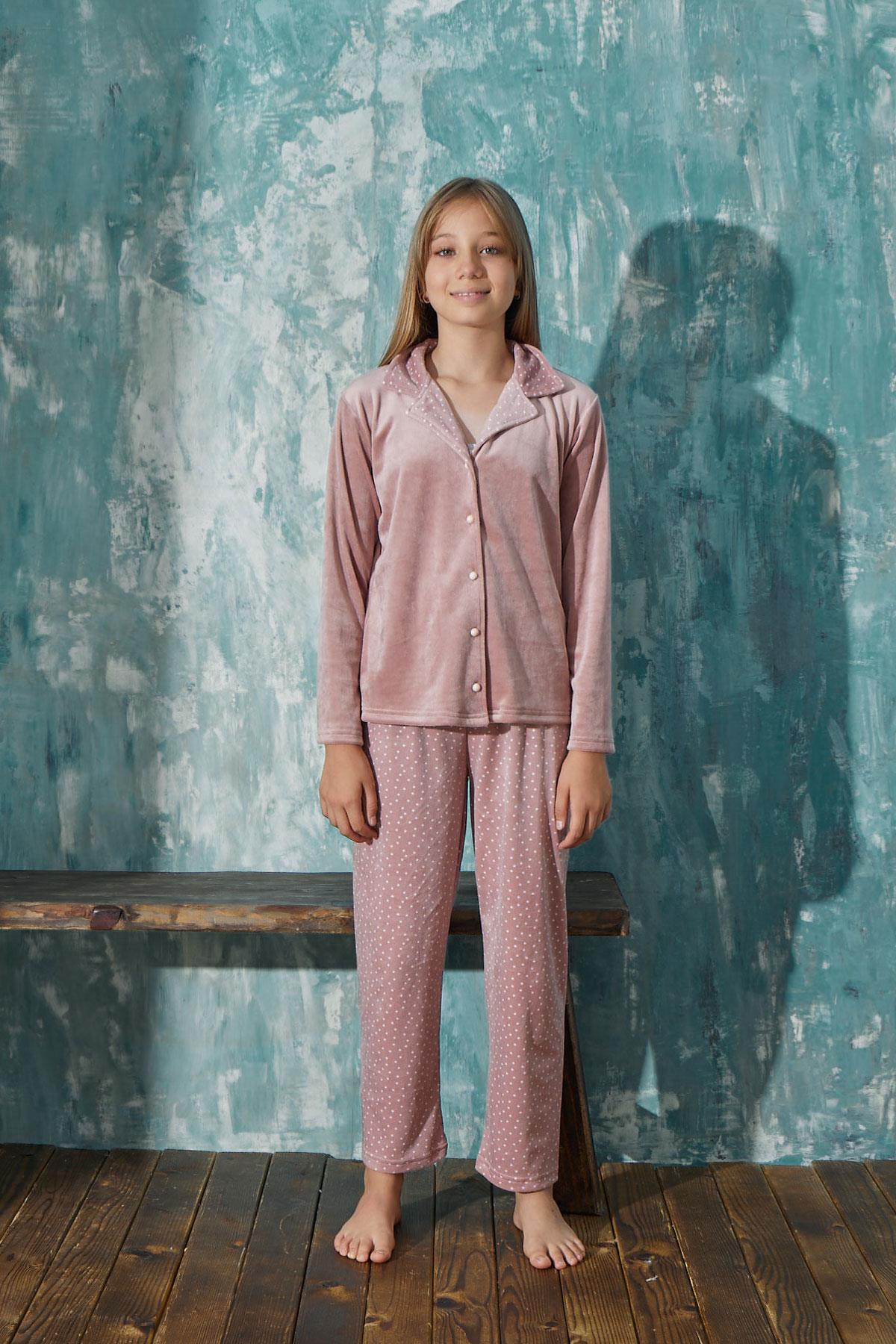 Kız Çocuk Kadife Önden Düğmeli Altı Uzun Pijama Takım | Arcan 13354-17 