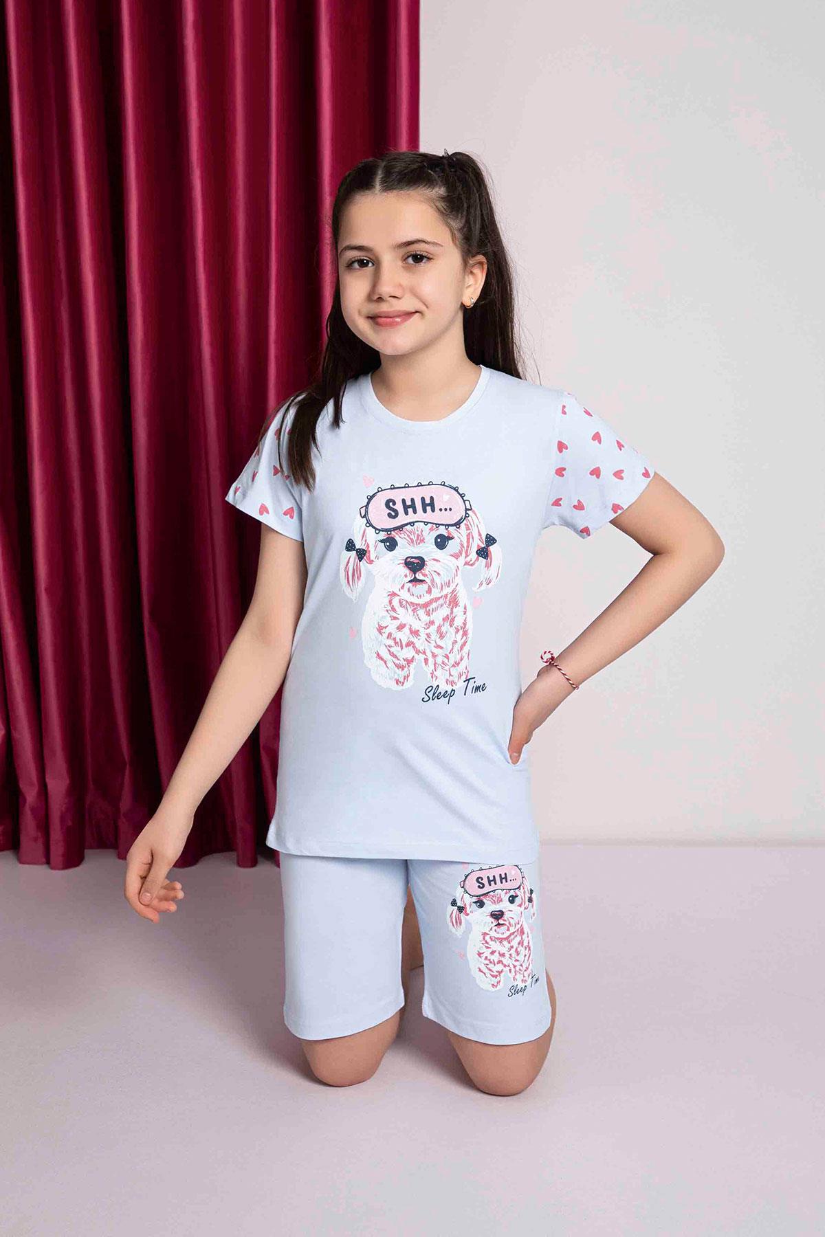 Kız Çocuk Penye Kısa Kollu Kaprili Pijama Takımı | Mavi 2669