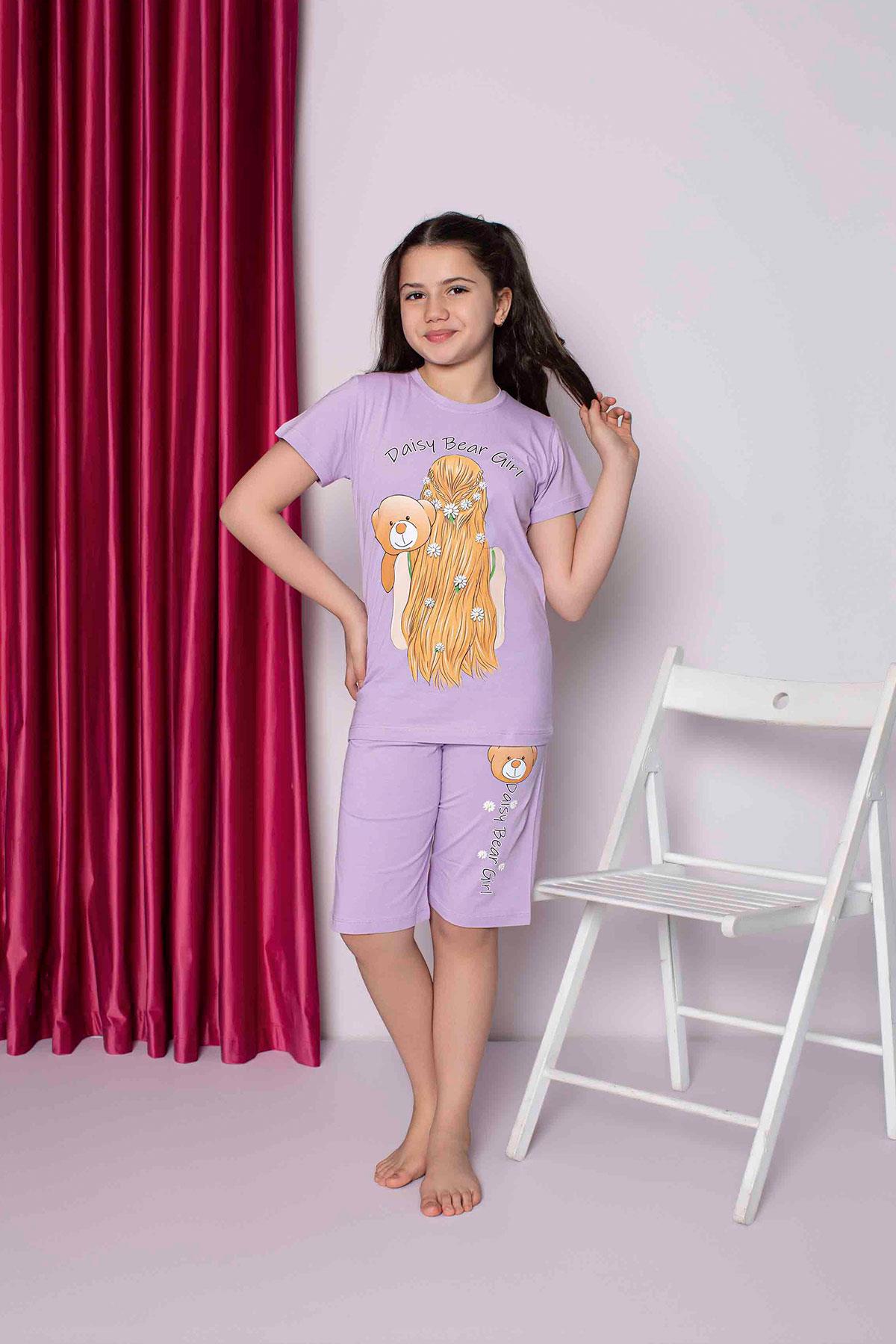 Kız Çocuk Penye Kısa Kollu Kaprili Pijama Takımı | Lila 2663