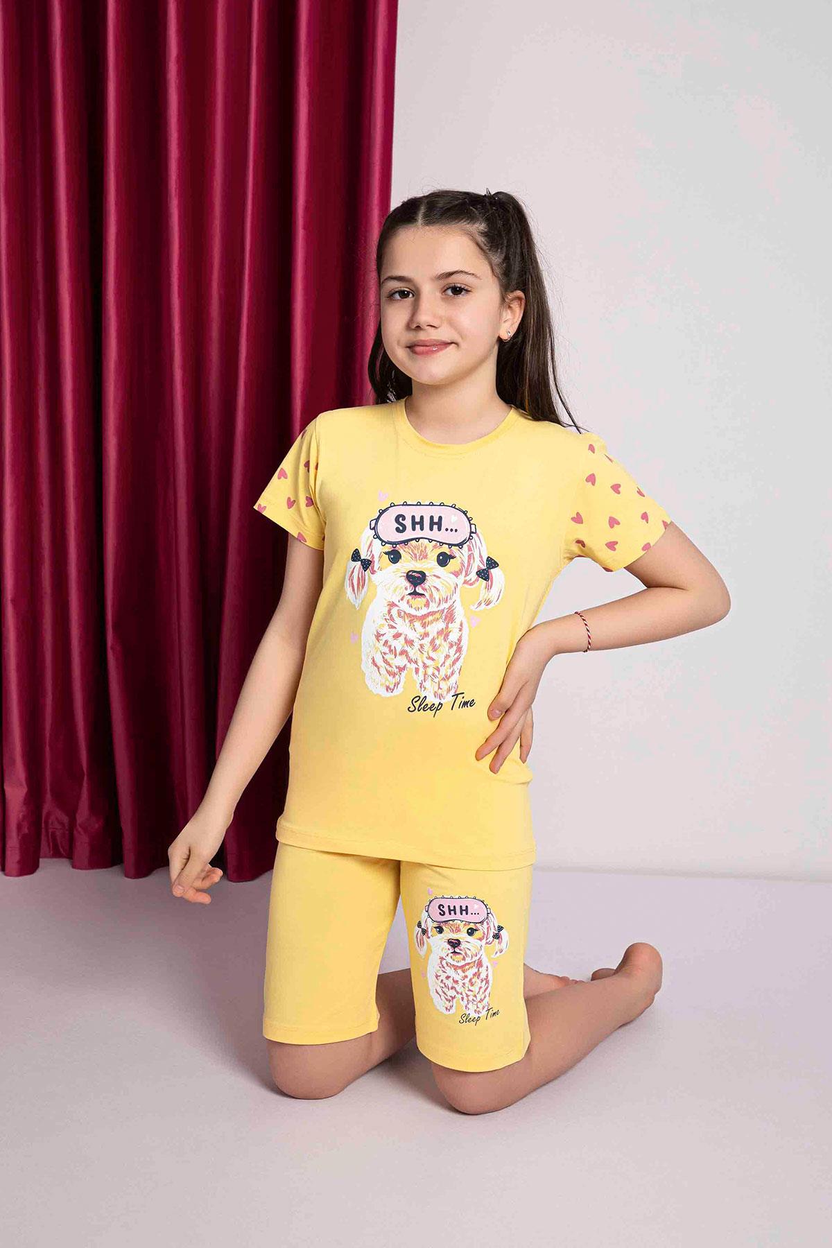 Kız Çocuk Penye Kısa Kollu Kaprili Pijama Takımı | Sarı 2669