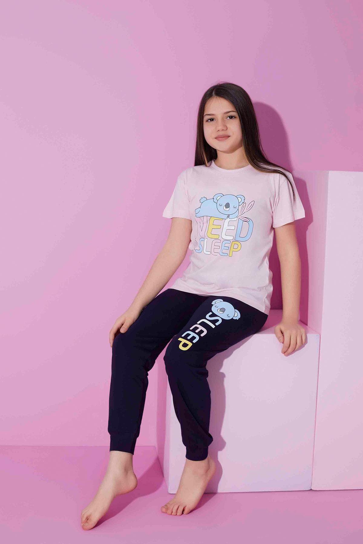 Kız Çocuk Penye Kısa Kollu Kaprili Pijama Takımı | Pembe 8213