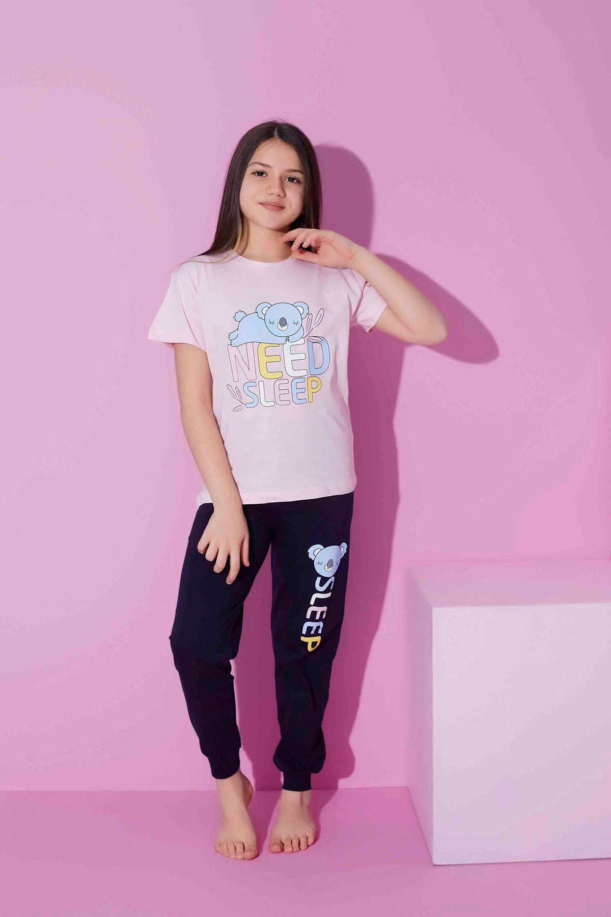Kız Çocuk Penye Kısa Kollu Kaprili Pijama Takımı | Pembe 8213