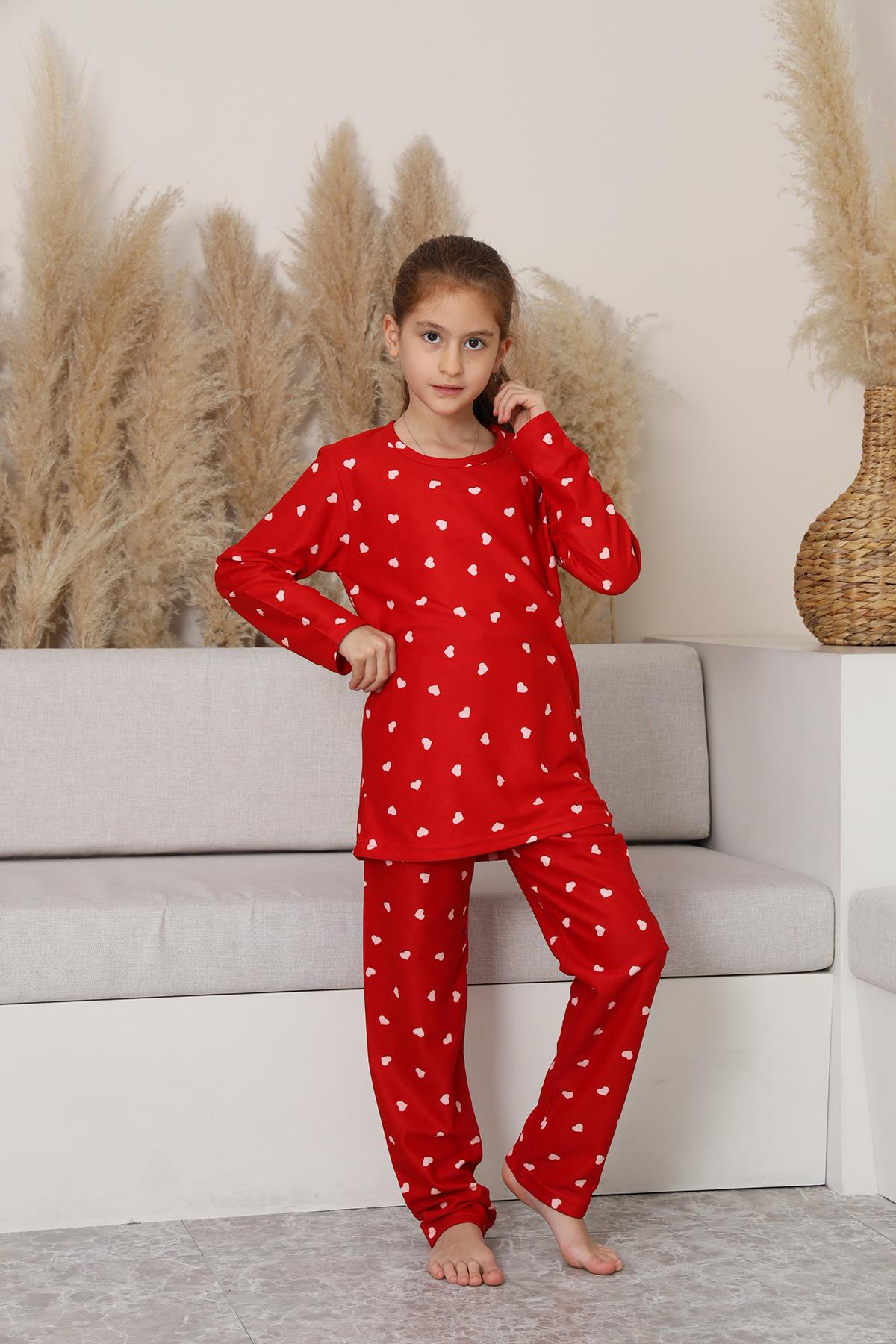Kız Çocuk Süet Kırmızı Kalpli Pijama Takım | 142