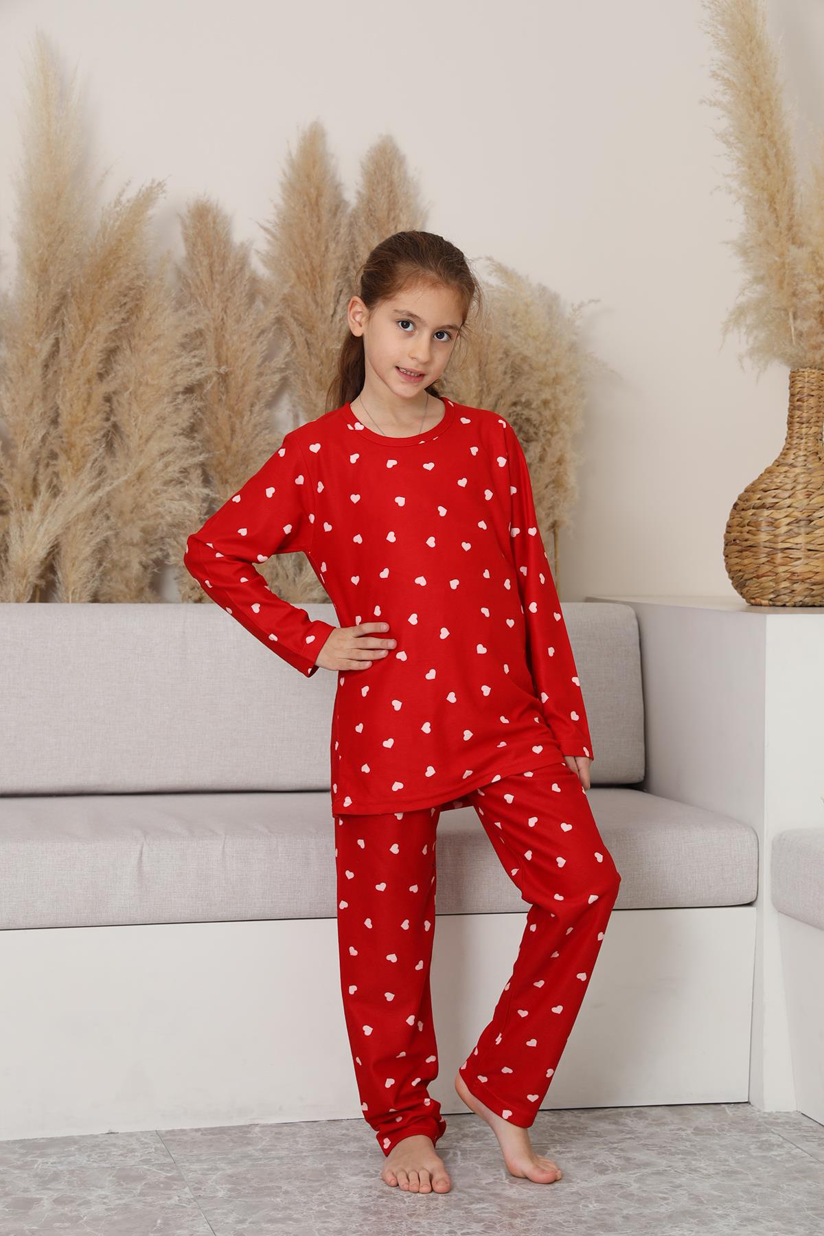 Kız Çocuk Süet Kırmızı Kalpli Pijama Takım | 142
