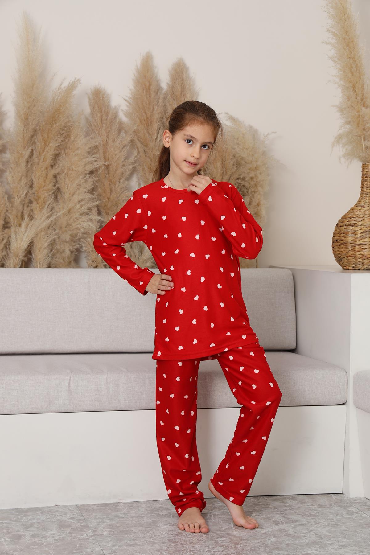 Kız Çocuk Süet Kırmızı Kalpli Pijama Takım | 142