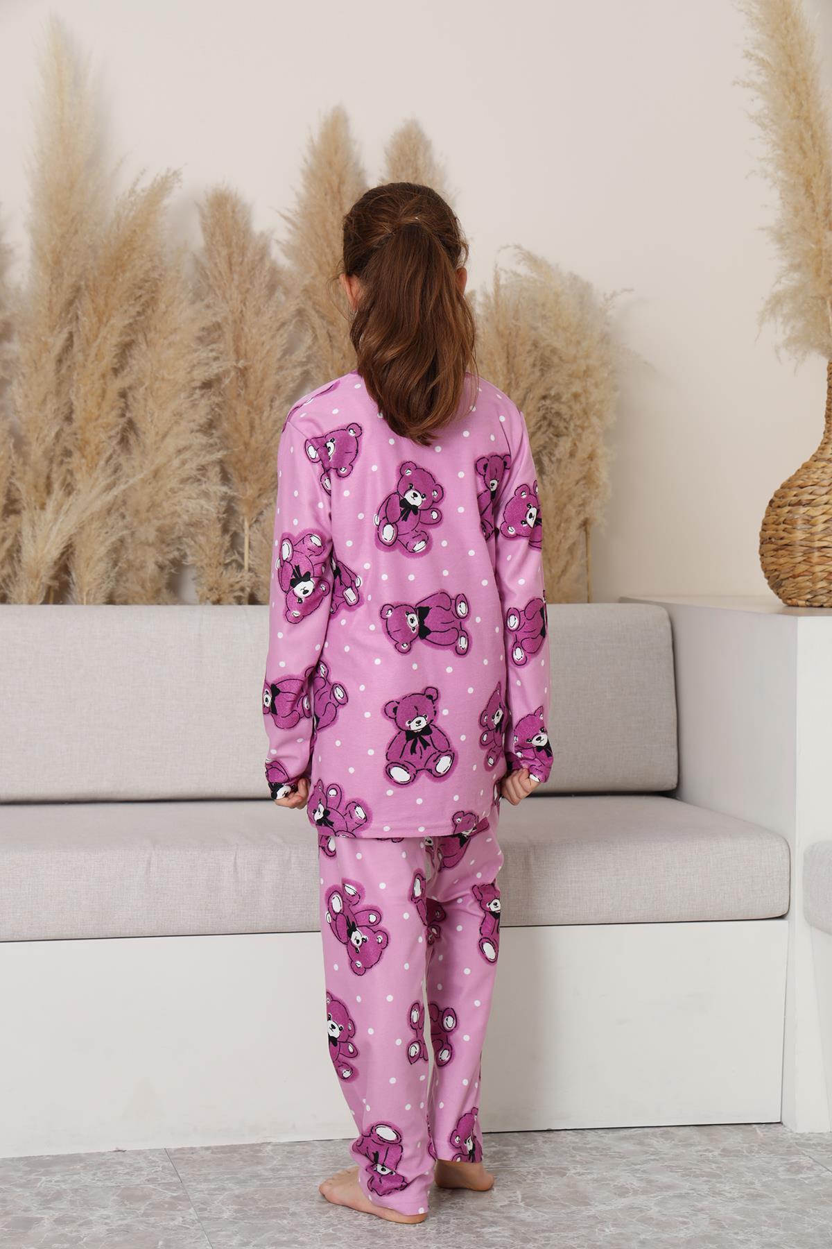 Kız Çocuk Süet Lila Ayıcık Pijama Takım | 143