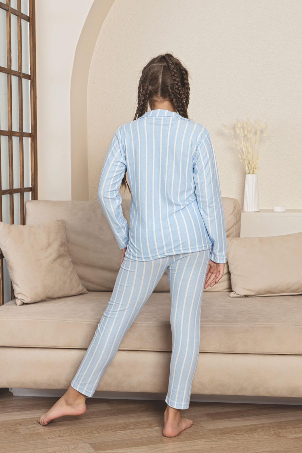 Kız Çocuk Süet Önden Düğmeli Pijama Takım | Mavi P605-166