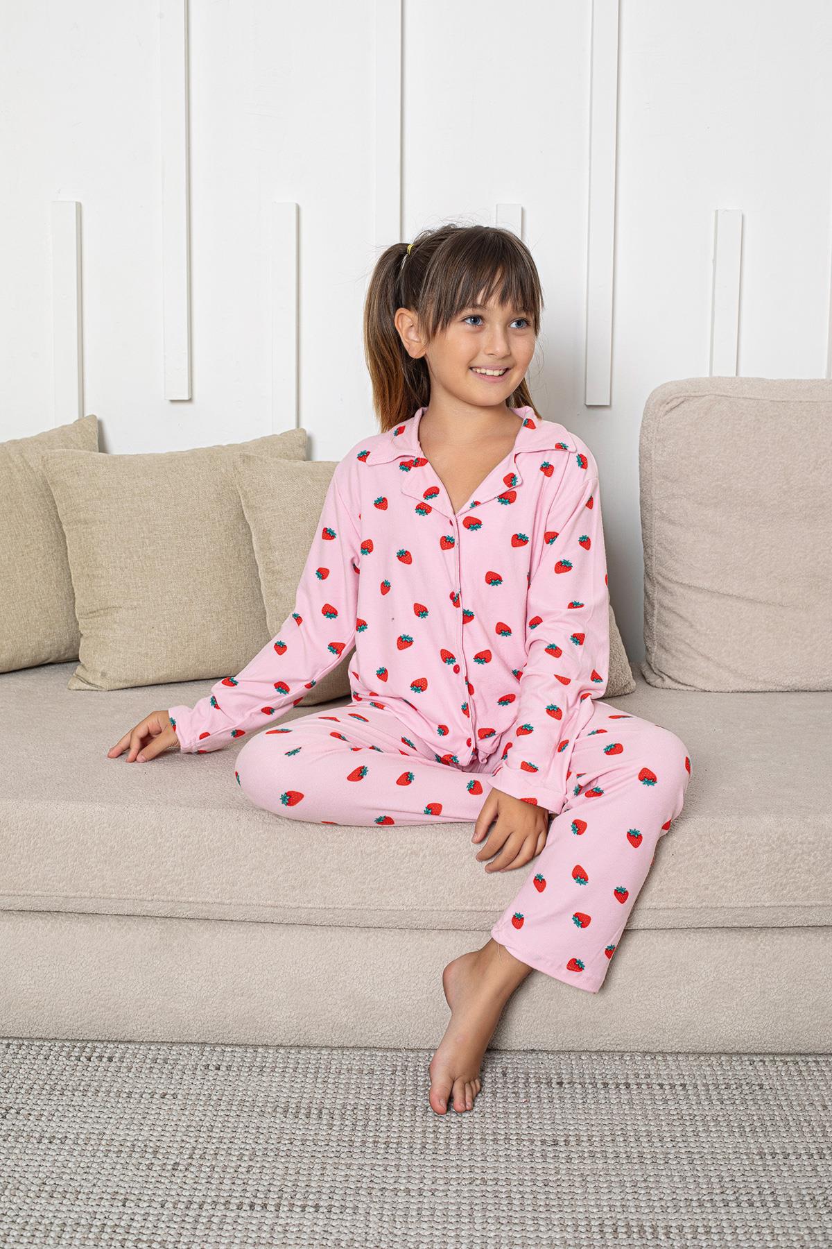 Kız Çocuk Süet Önden Düğmeli Pijama Takım | Pembe P605-163