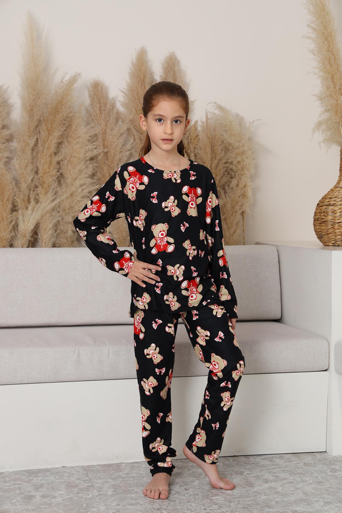 Kız Çocuk Süet Siyah Ayıcık Desenli Pijama Takım | 136