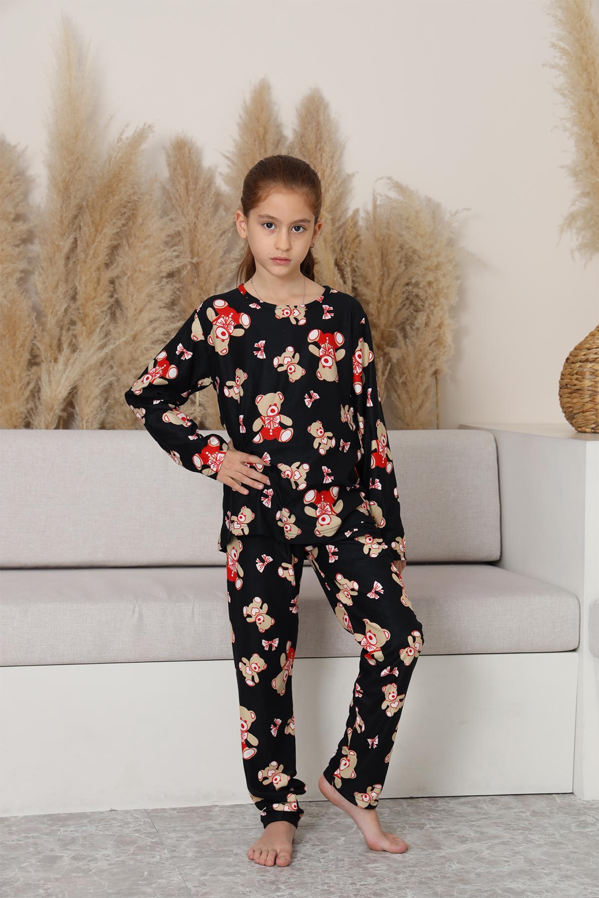 Kız Çocuk Süet Siyah Ayıcık Desenli Pijama Takım | 136