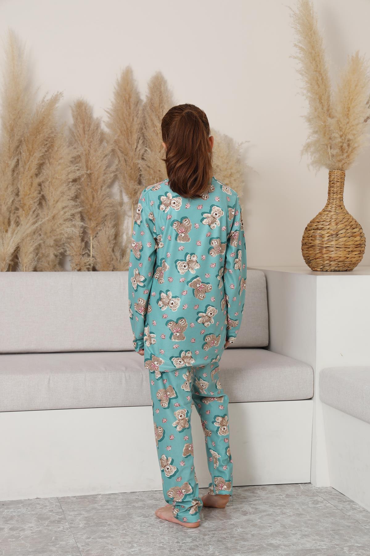 Kız Çocuk Süet Turkuaz Ayıcık Pijama Takım | 140