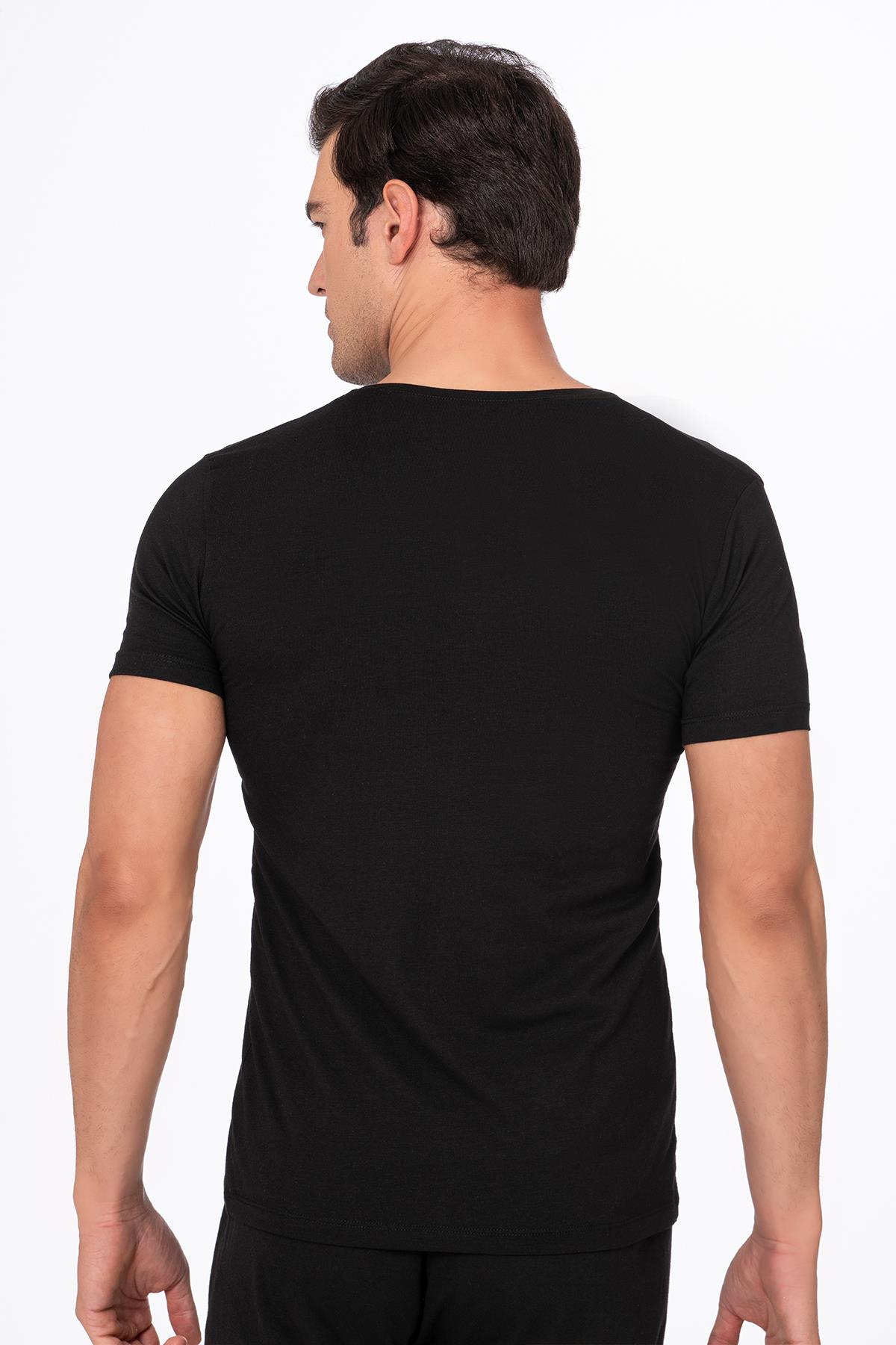 Pamuklu Modal V Yaka Kısa Kollu Tişört Fanila | Siyah K11143