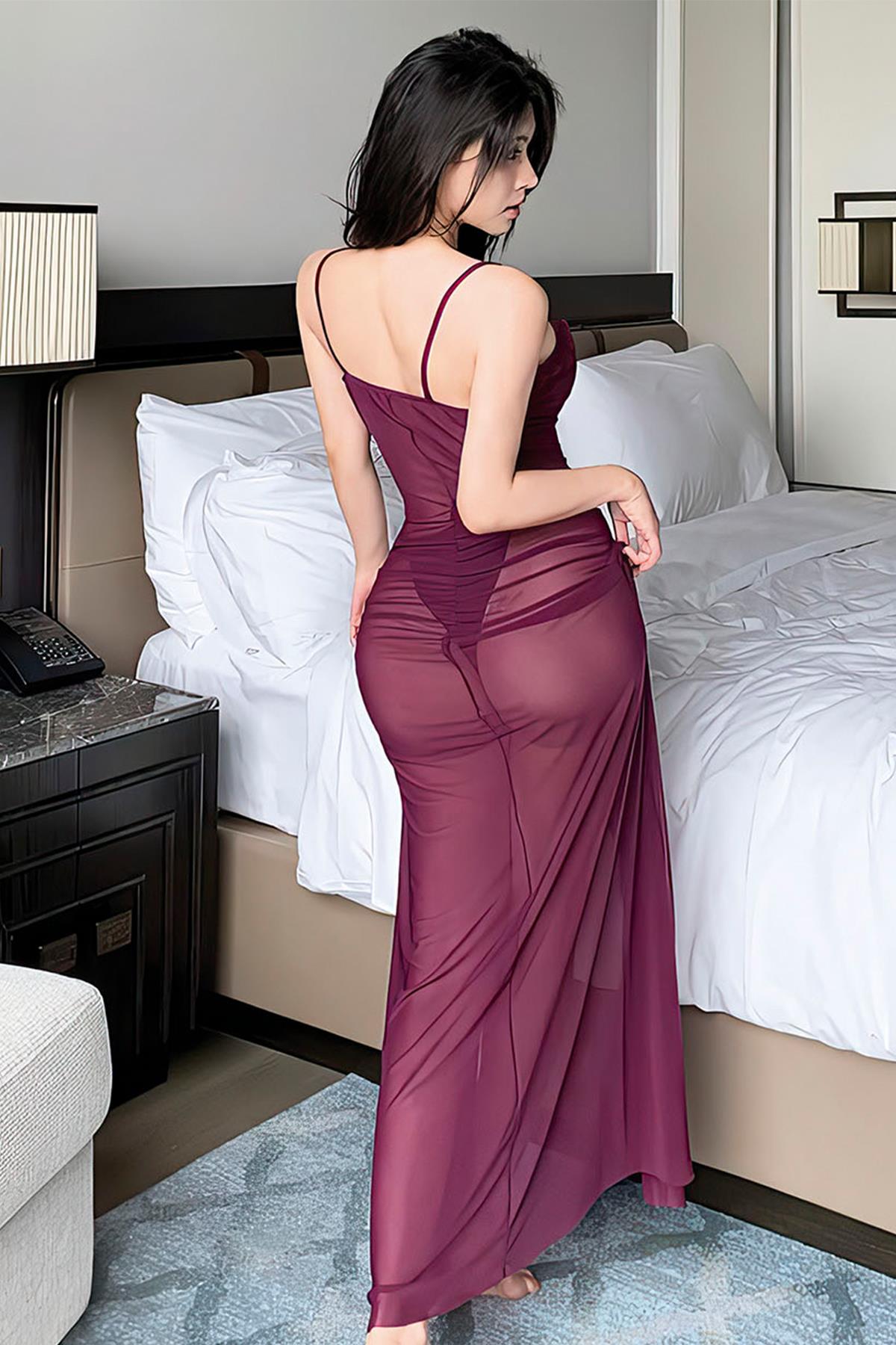 Transparan Derin Yırtmaçlı Fantezi Gecelik | Mor 3713