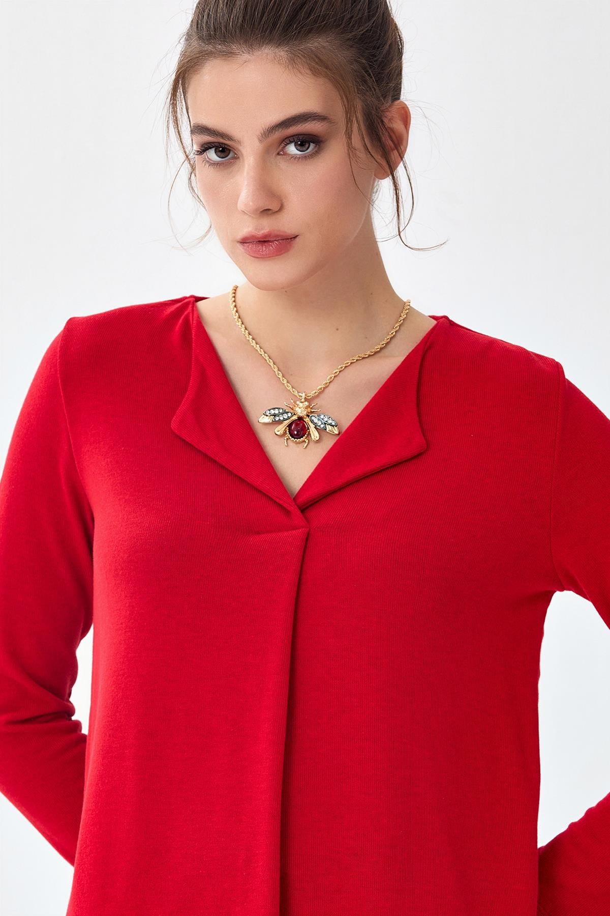 Katlanabilir Yaka Uzun Kol Bluz 256-1006