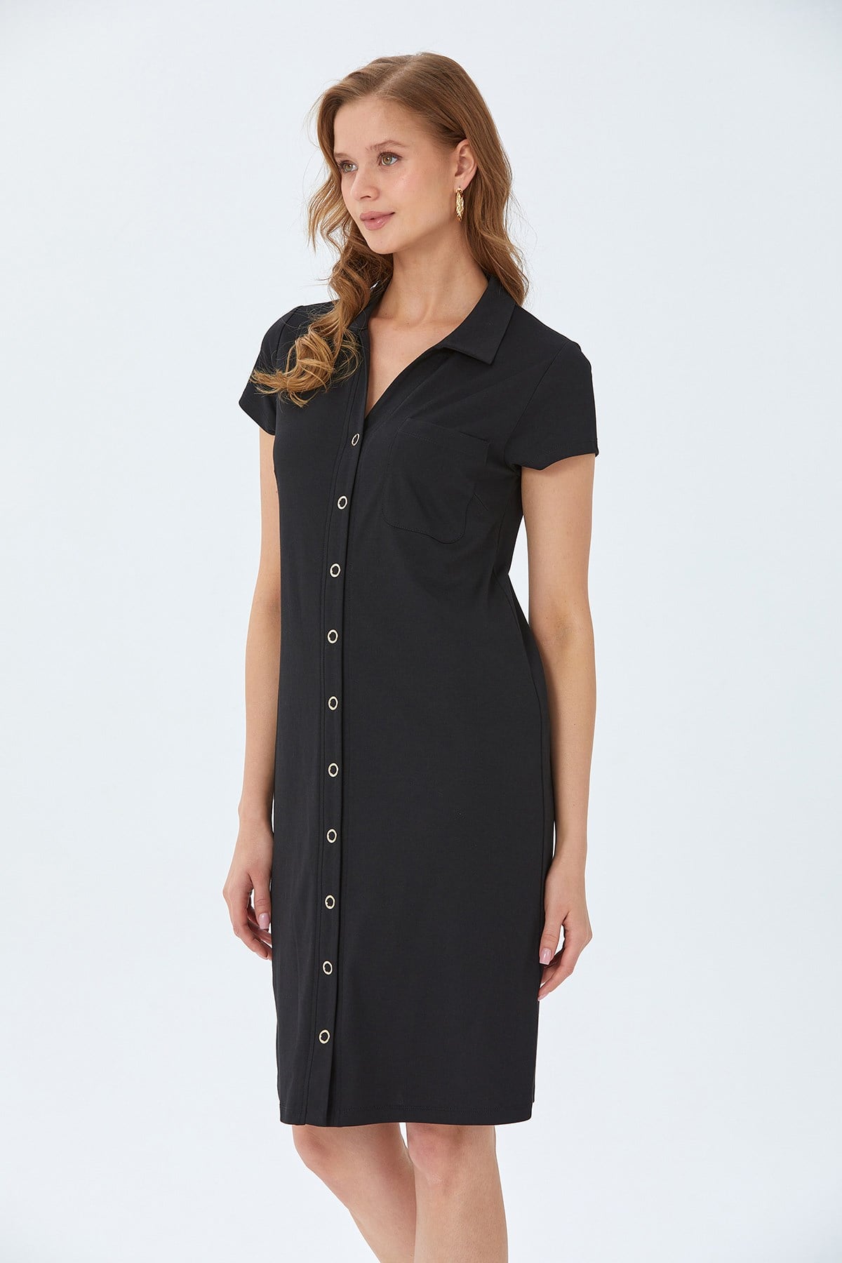 Polo Yaka Önü Çıtçıtlı Elbise 026-2507
