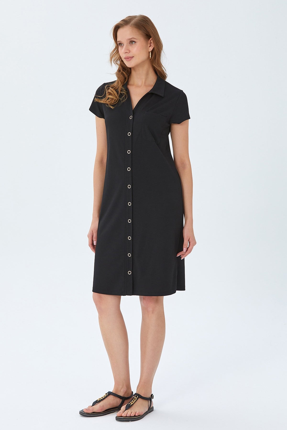 Polo Yaka Önü Çıtçıtlı Elbise 026-2507