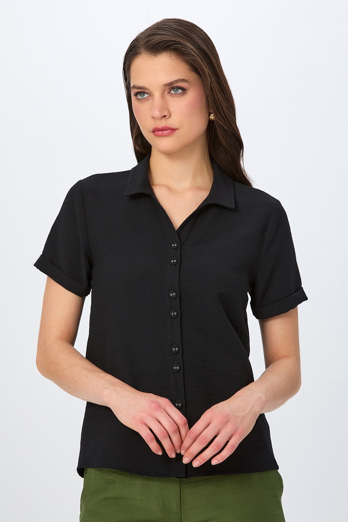 Polo Yaka Önü Düğmeli Duble Kol Gömlek 026-3001