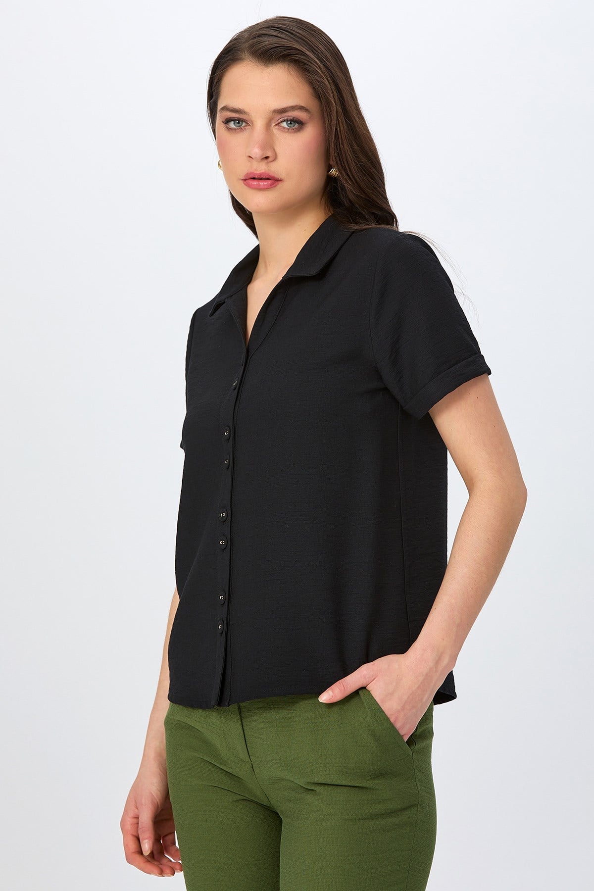 Polo Yaka Önü Düğmeli Duble Kol Gömlek 026-3001