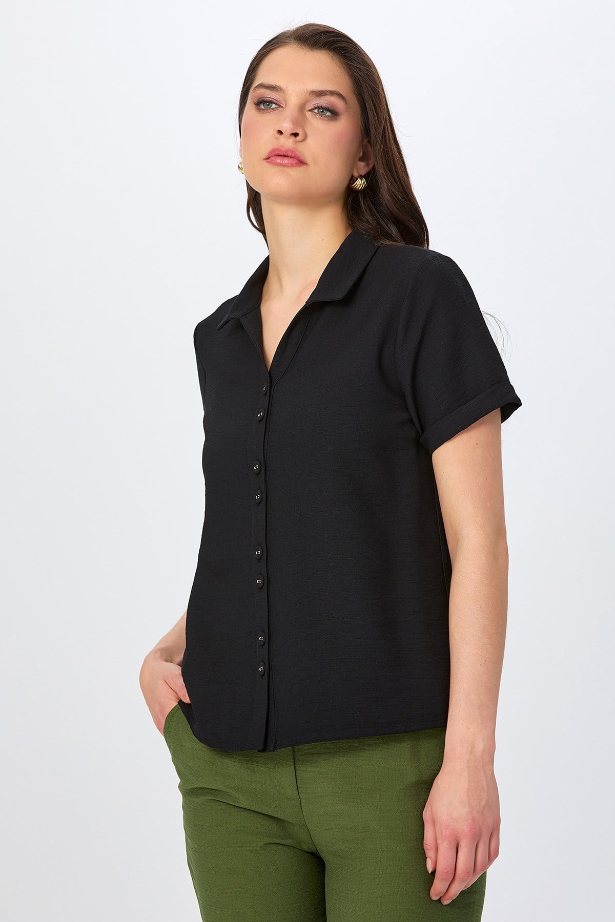 Polo Yaka Önü Düğmeli Duble Kol Gömlek 026-3001