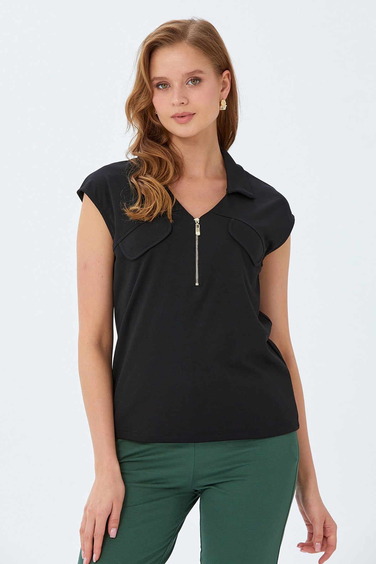 Polo Yaka Önü Fermuar Detaylı Bluz 026-1021