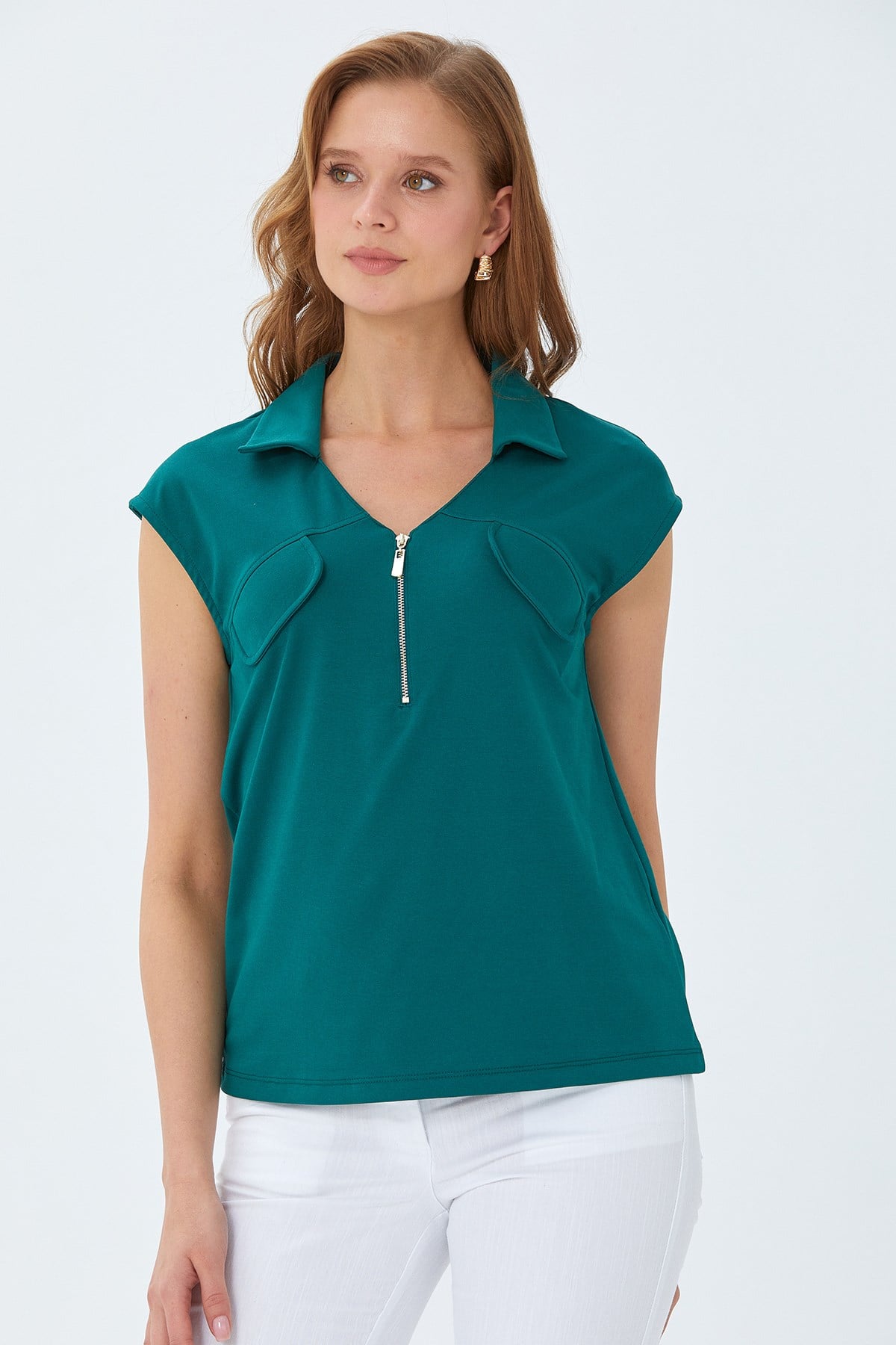 Polo Yaka Önü Fermuar Detaylı Bluz 026-1021