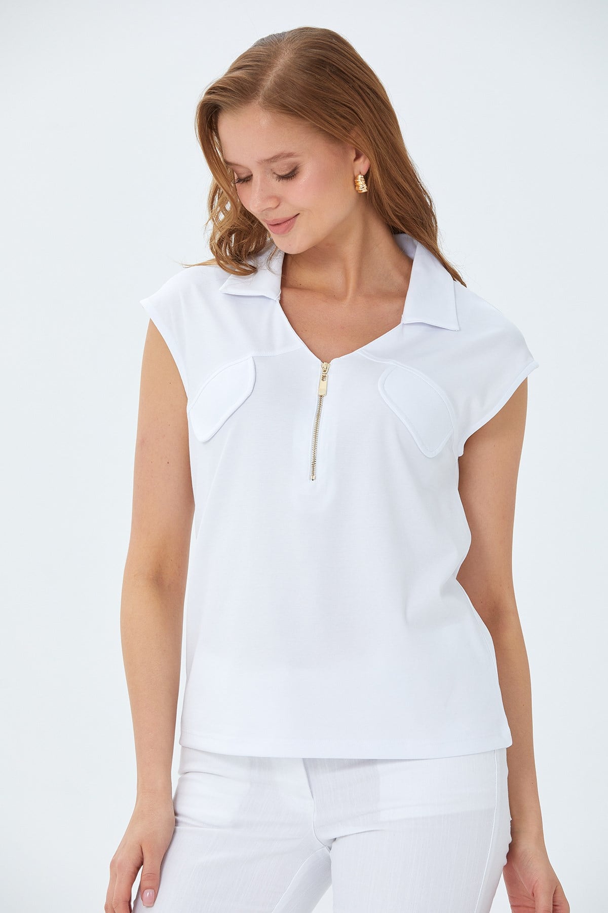 Polo Yaka Önü Fermuar Detaylı Bluz 026-1021