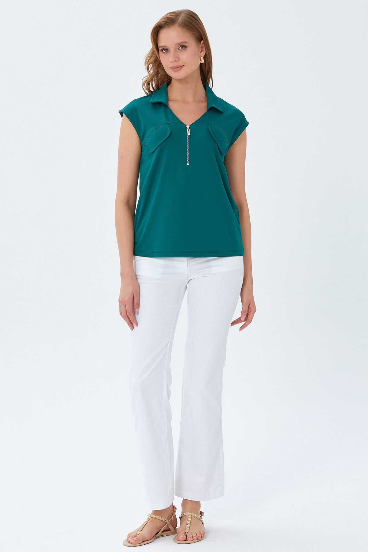 Polo Yaka Önü Fermuar Detaylı Bluz 026-1021