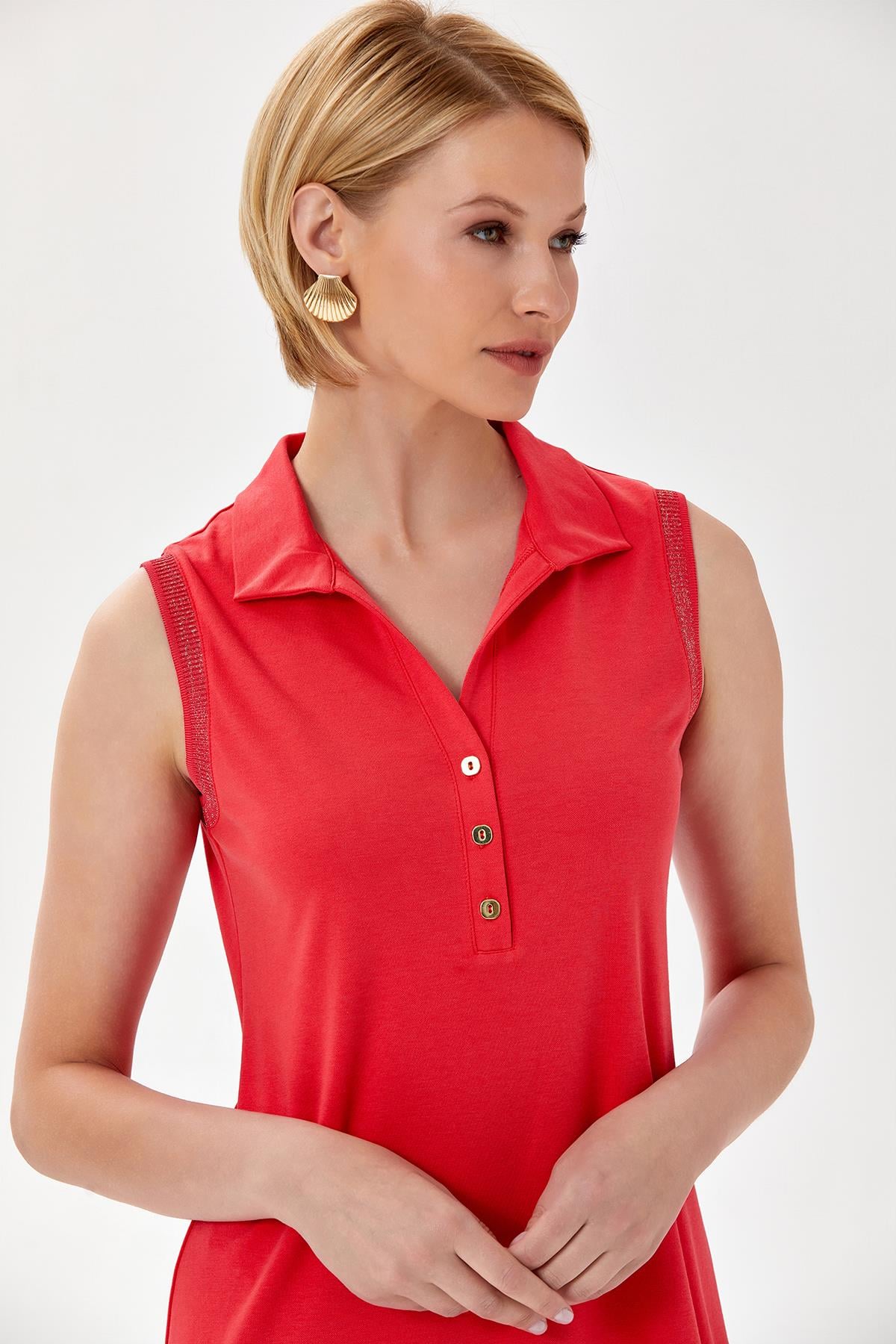 Polo Yaka Sim Şerit Detaylı Kolsuz Elbise 024-2519