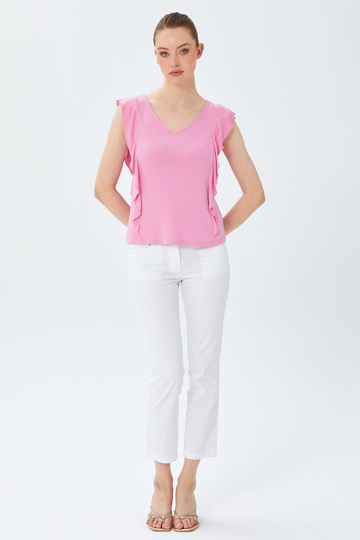 V Yaka Fırfır Detaylı Bluz 026-1013