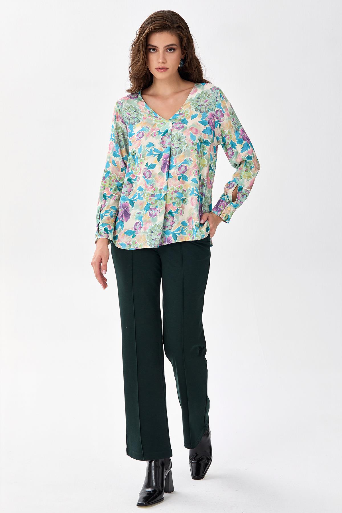 V Yaka Kolları Çıtçıtlı Bluz 256-3011