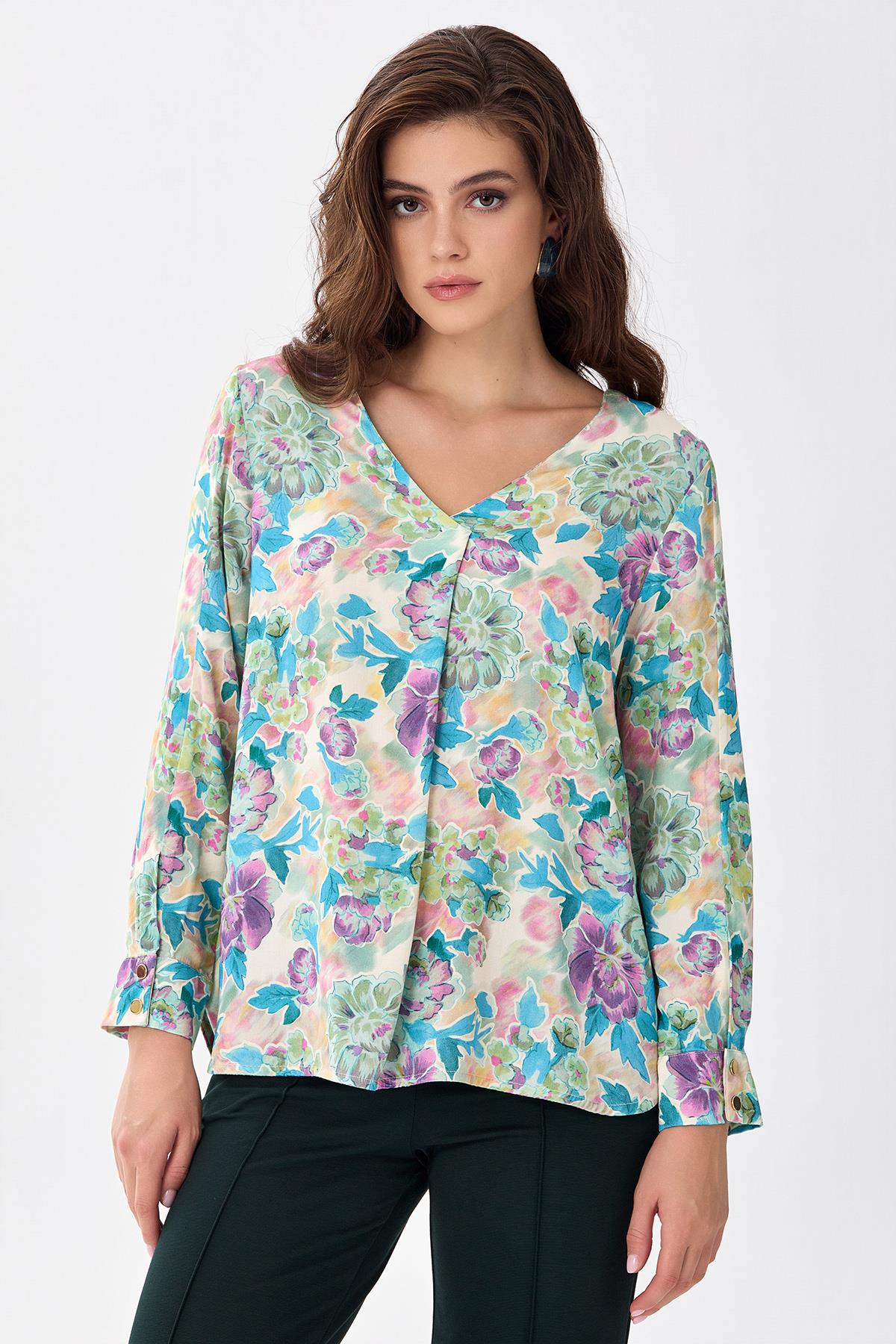 V Yaka Kolları Çıtçıtlı Bluz 256-3011