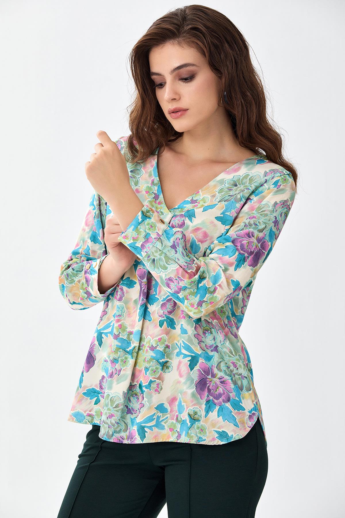 V Yaka Kolları Çıtçıtlı Bluz 256-3011