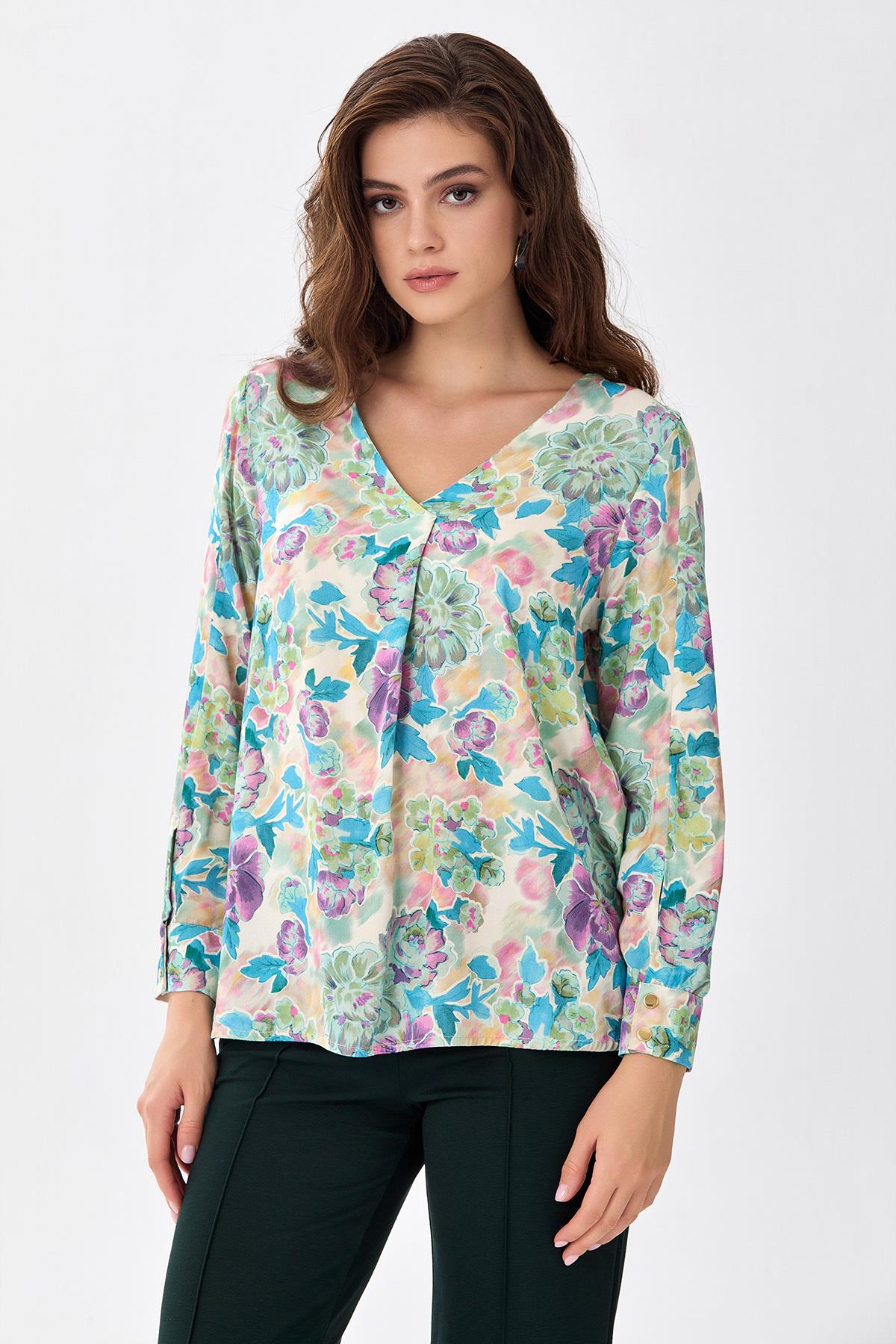 V Yaka Kolları Çıtçıtlı Bluz 256-3011