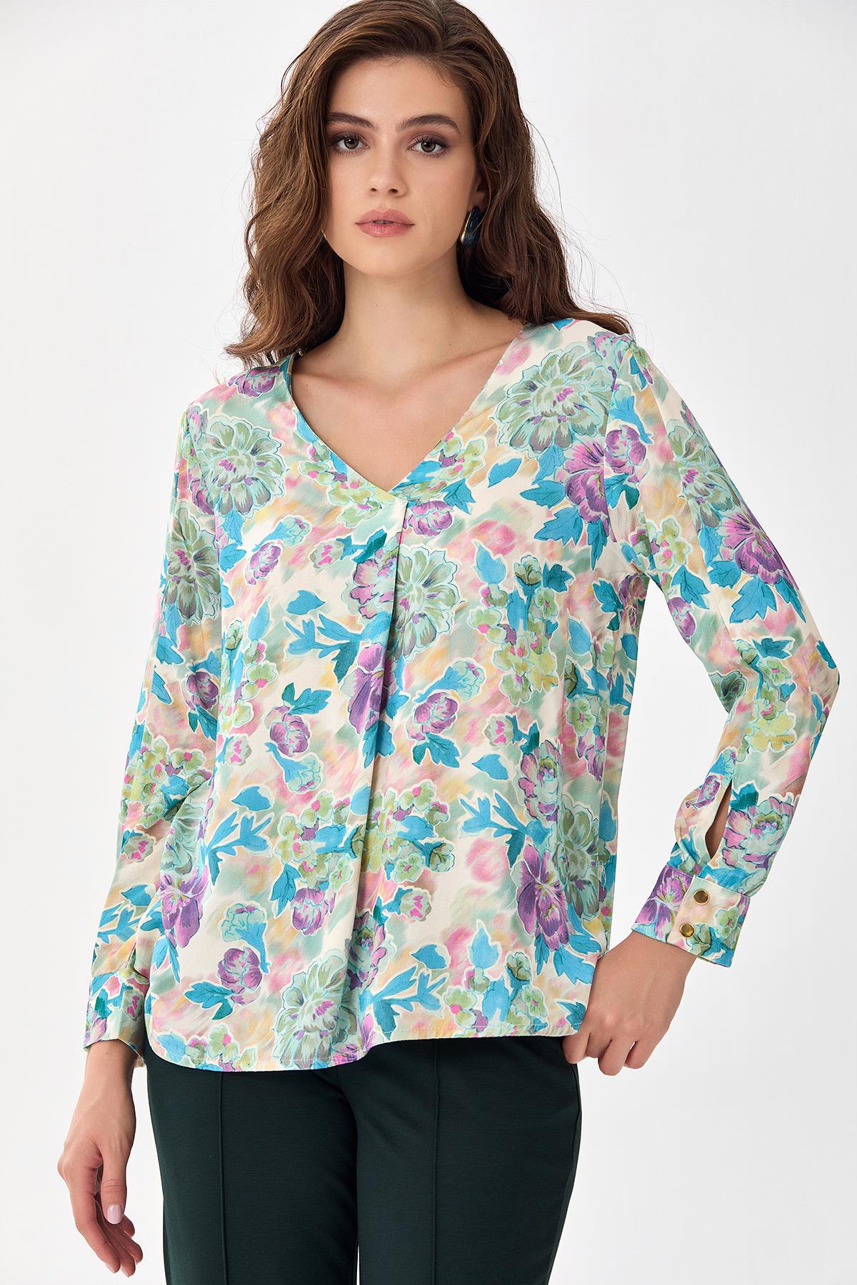 V Yaka Kolları Çıtçıtlı Bluz 256-3011