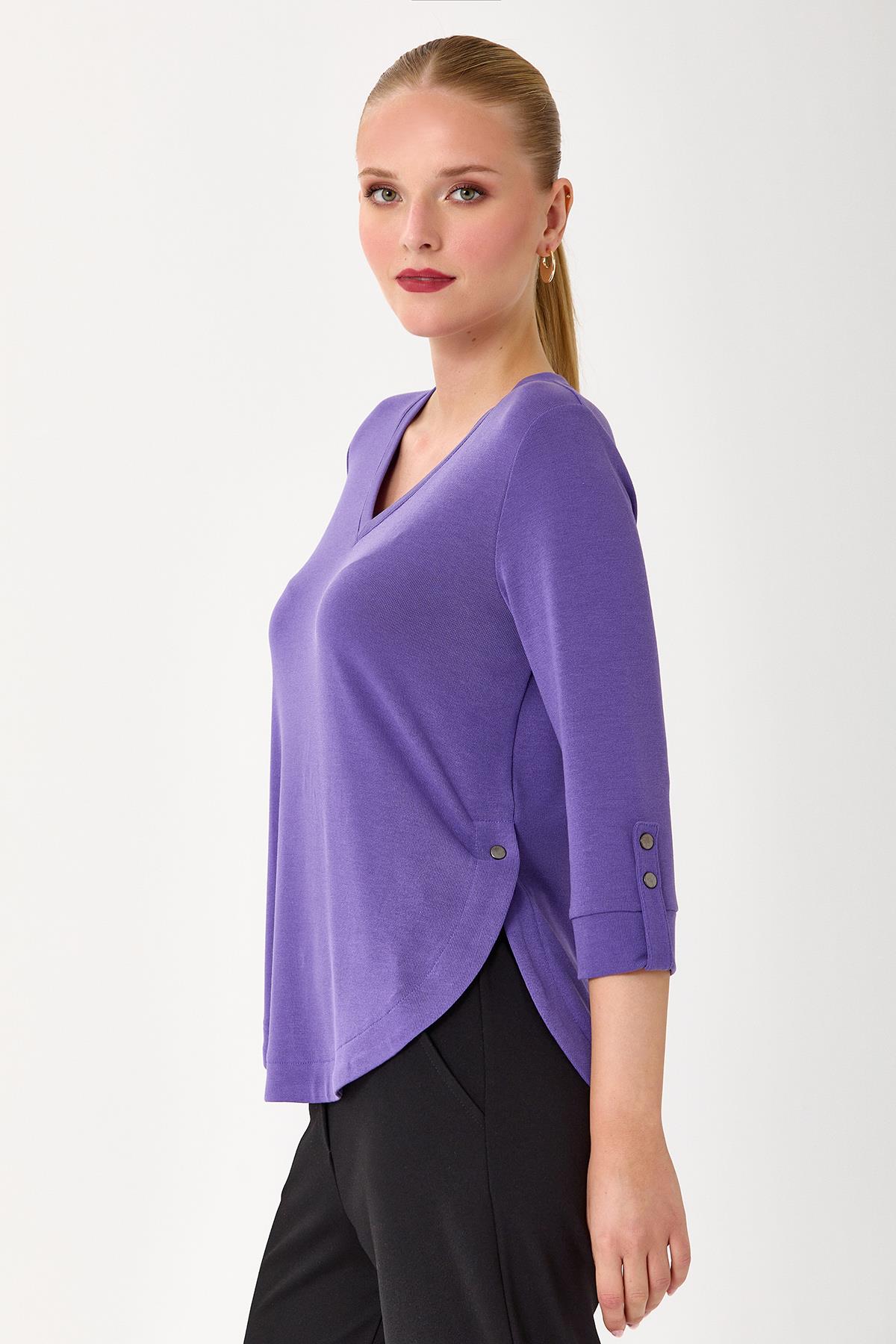 V Yaka Kolları ve Eteği Çıtçıt Detaylı Bluz 245-1013