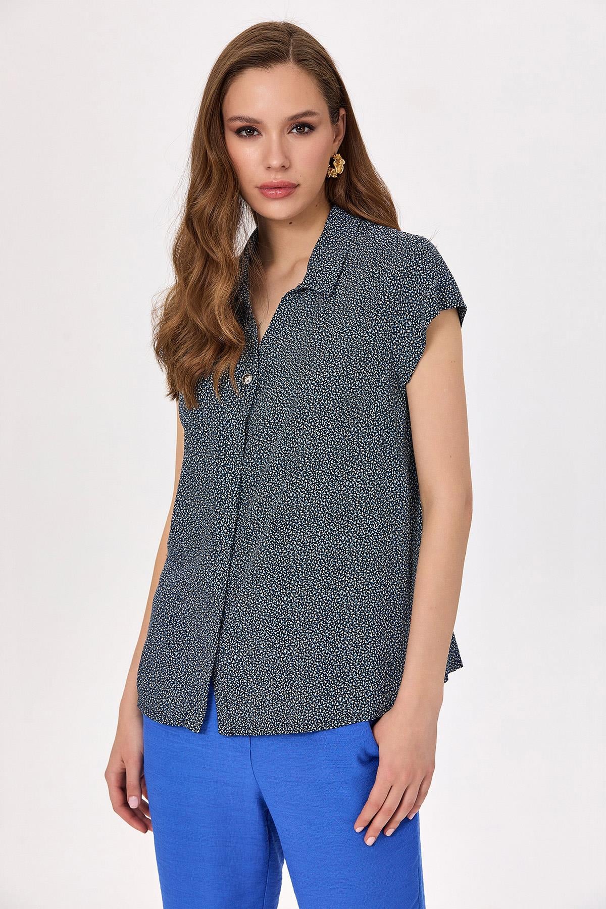 V Yaka Mini Kollu Desenli Bluz 025-3008