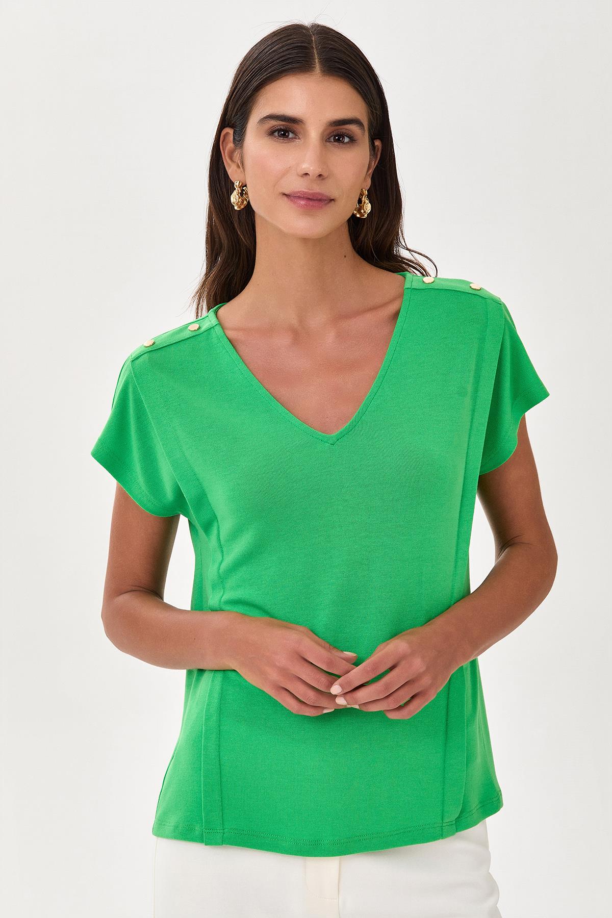 V Yaka Omzu Çıtçıt Detaylı Bluz 025-1012