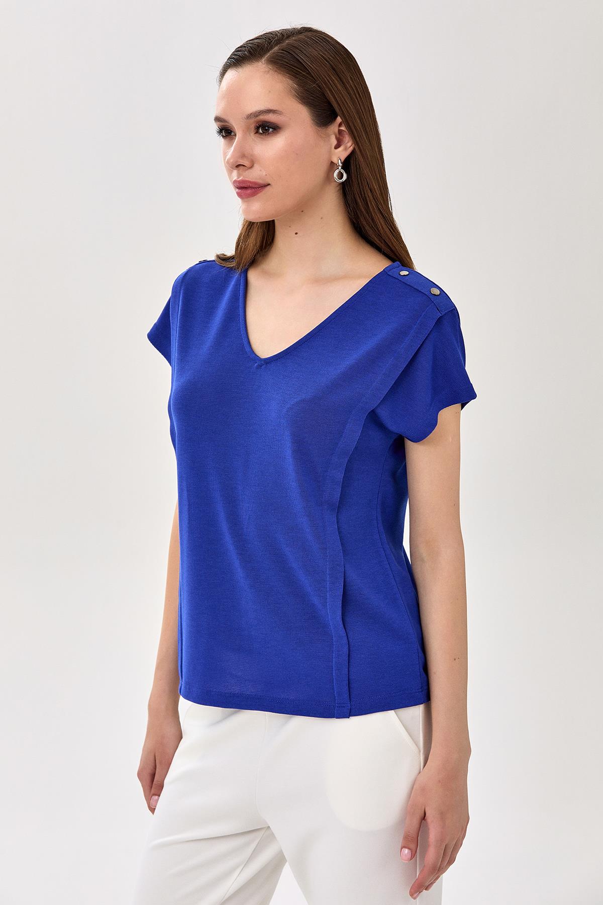 V Yaka Omzu Çıtçıt Detaylı Bluz 025-1012