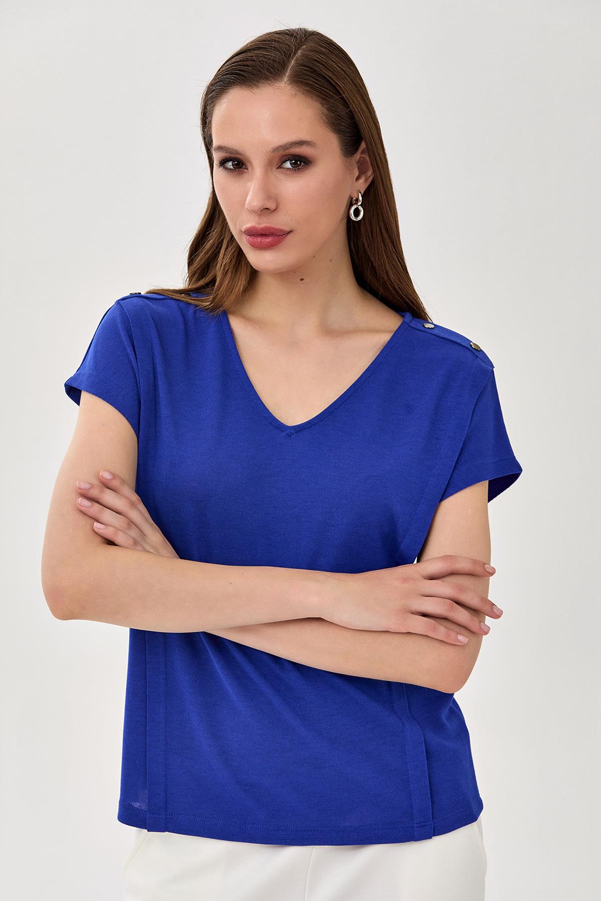 V Yaka Omzu Çıtçıt Detaylı Bluz 025-1012