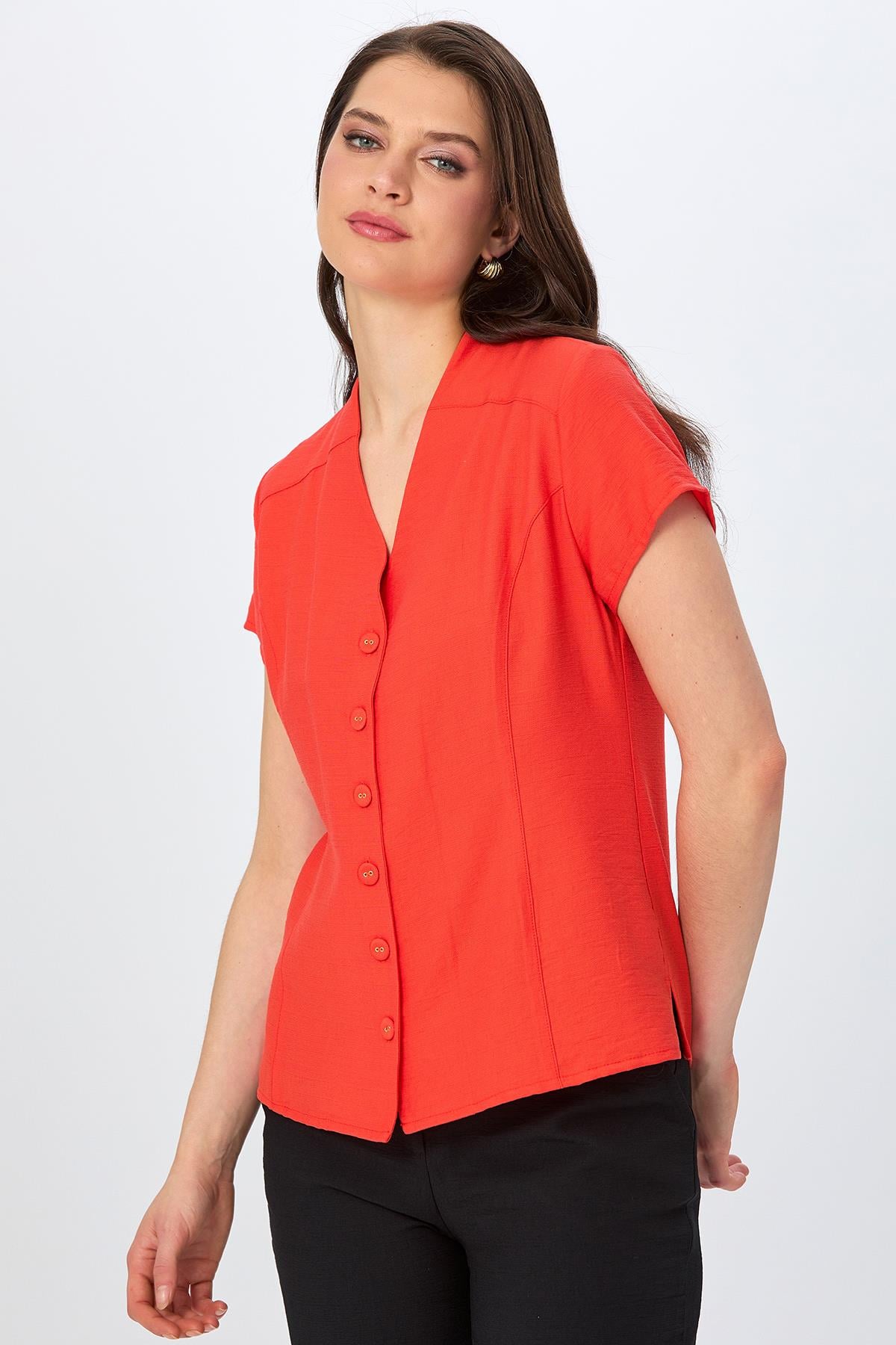 V Yaka Önü Düğmeli Bluz 026-3003