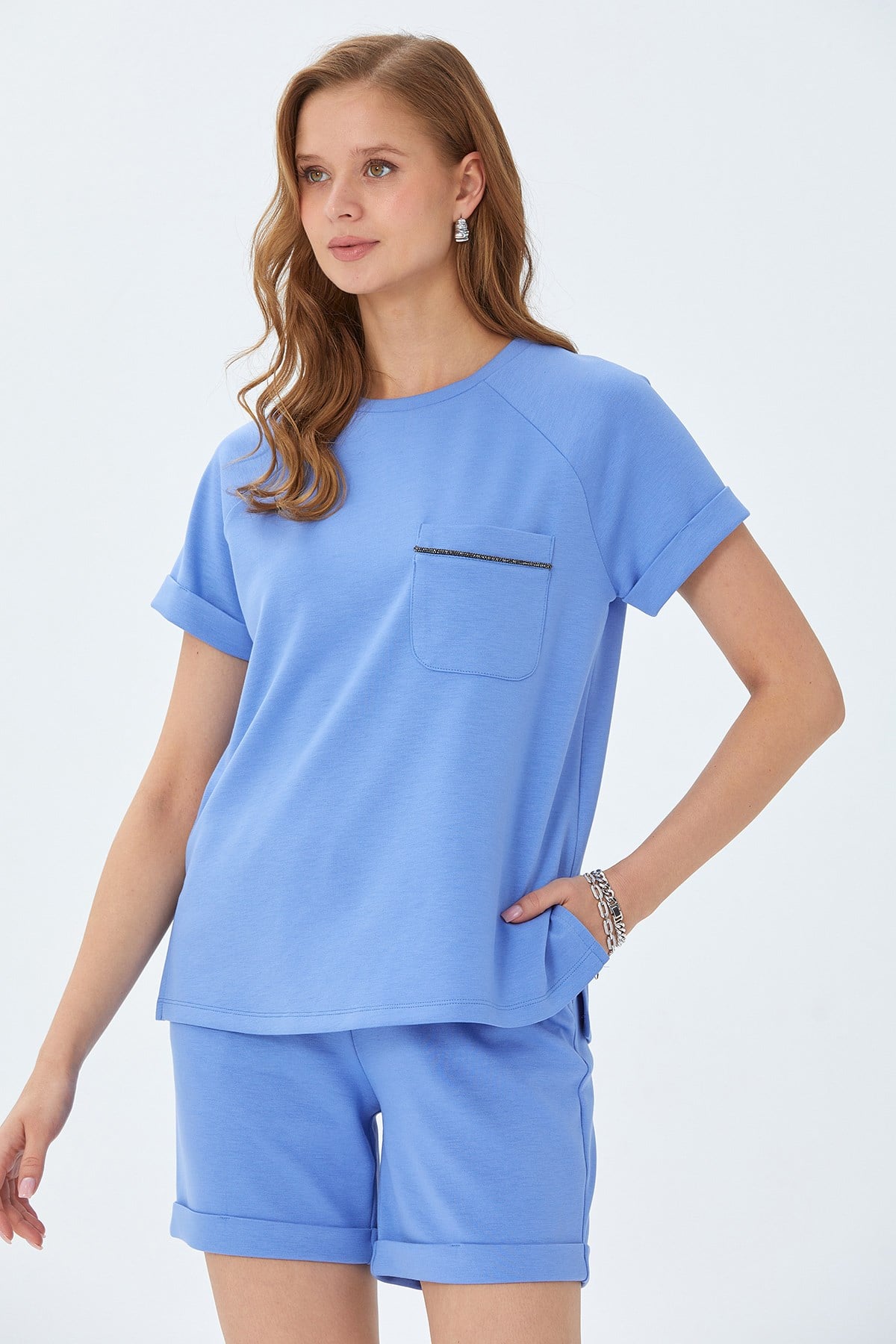 Yuvarlak Yaka Cep Detaylı Duble Kol S-Shirt 026-2116