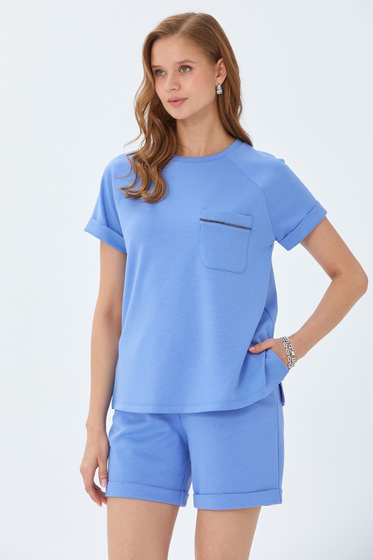Yuvarlak Yaka Cep Detaylı Duble Kol S-Shirt 026-2116