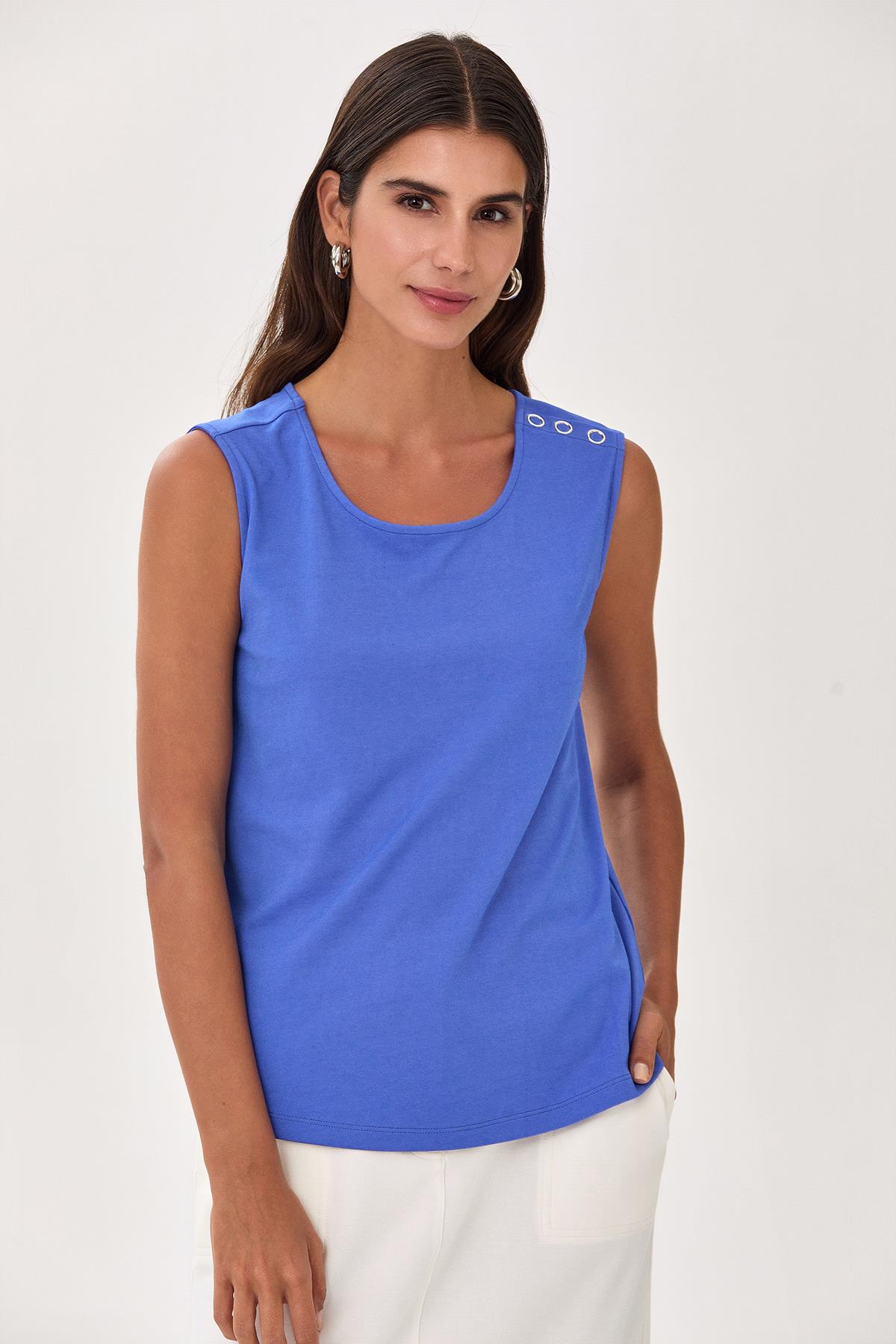 Yuvarlak Yaka Tel Omzu Metal Aksesuarlı Bluz 025-1040